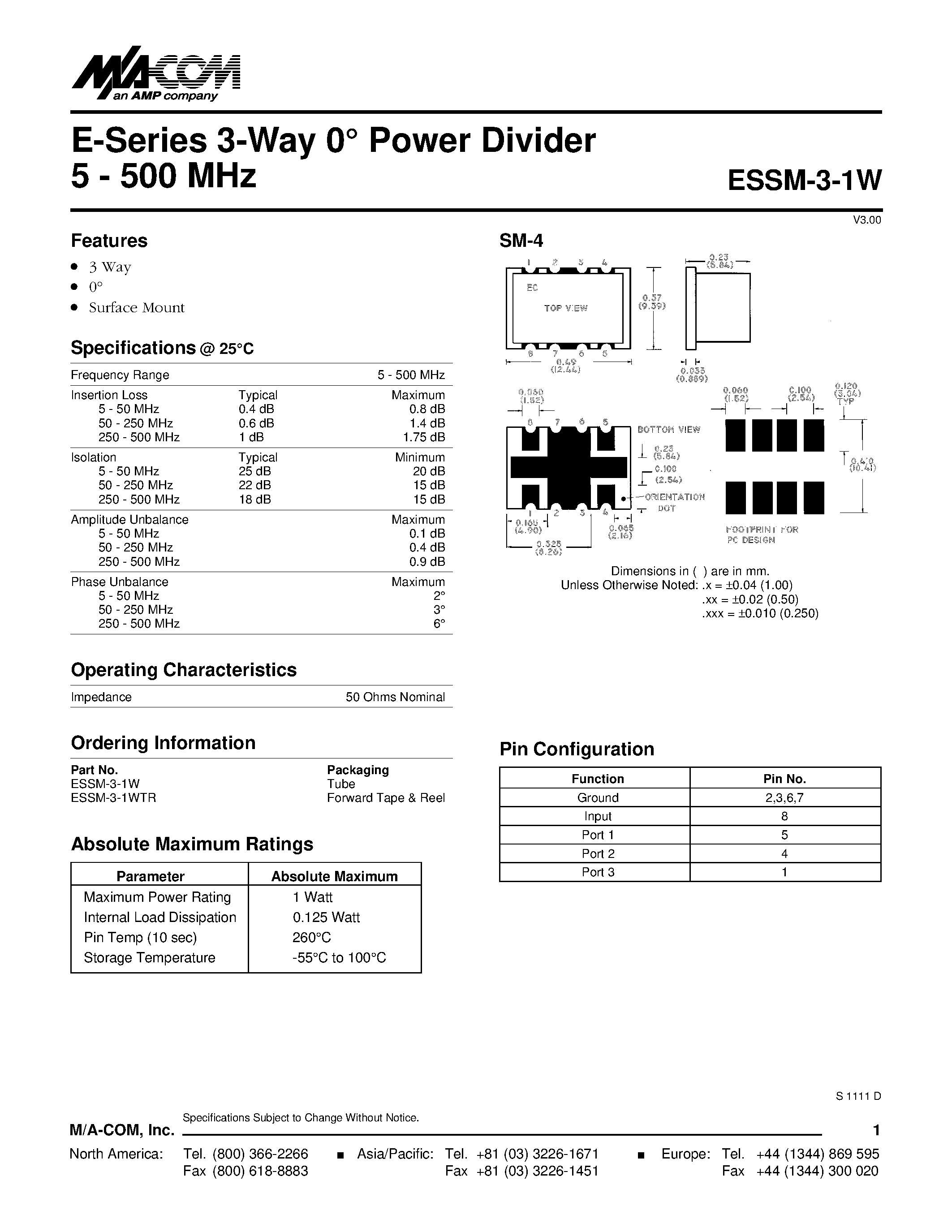 Даташит ESSM-3-1W - E-Series 3-Way 0 Power Divider 5 - 500 MHz страница 1