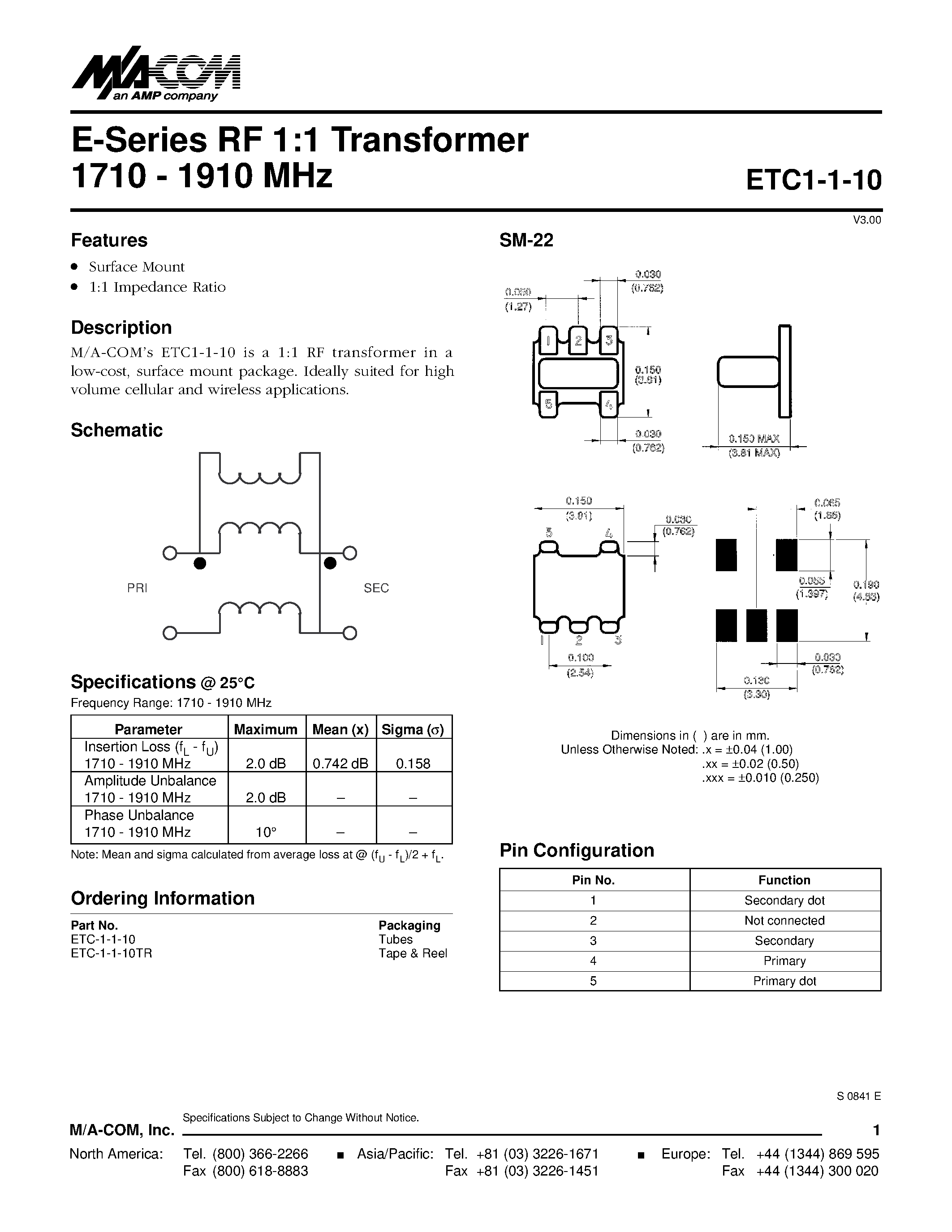 Datasheet ETC1-1-10 - E-Series RF 1:1 Transformer 1710 - 1910 MHz page 1