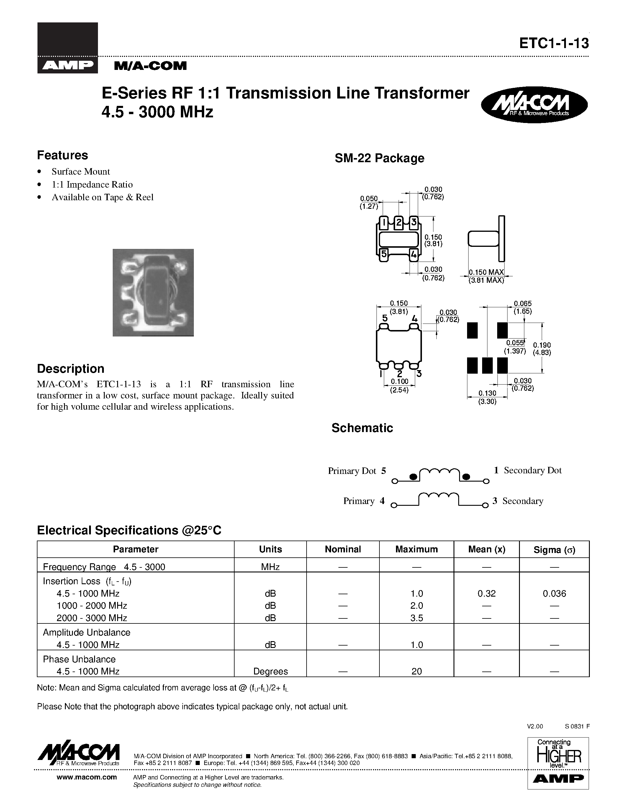 Datasheet ETC1-1-13 - E-Series RF 1:1 Transmission Line Transformer 4.5 - 3000 MHz page 1