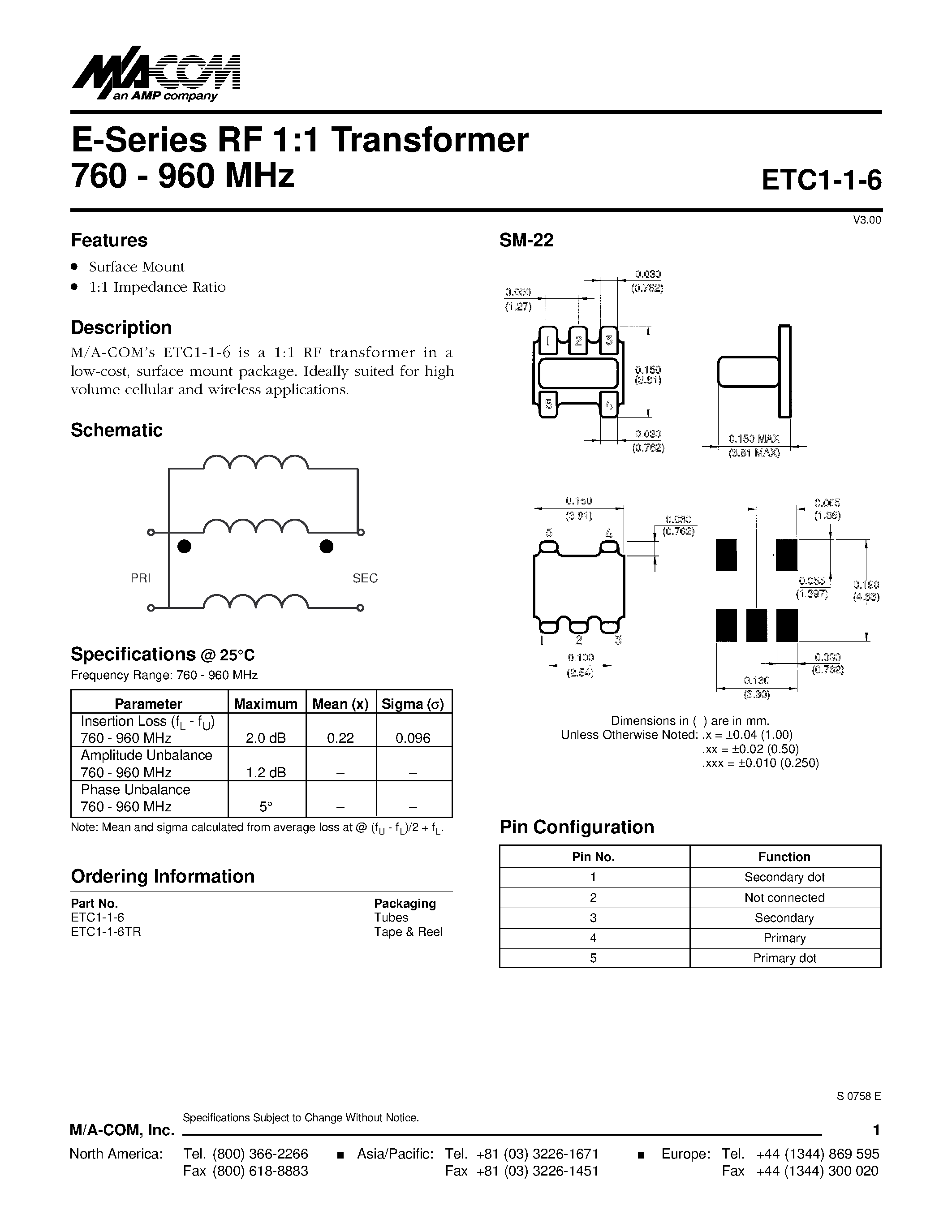 Datasheet ETC1-1-6 - E-Series RF 1:1 Transformer 760 - 960 MHz page 1