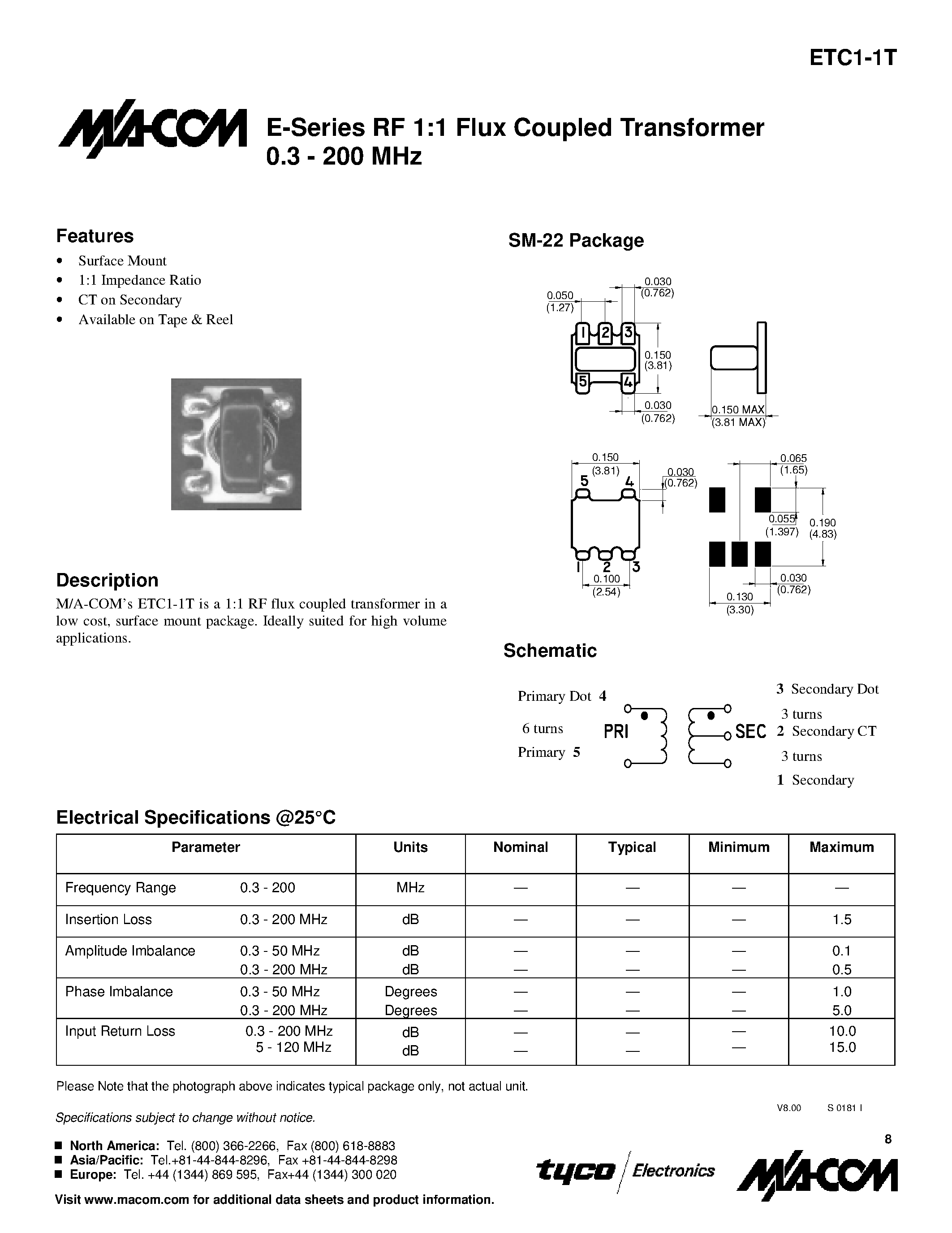 Datasheet ETC1-1T - E-Series RF 1:1 Flux Coupled Transformer 0.3 - 200 MHz page 1