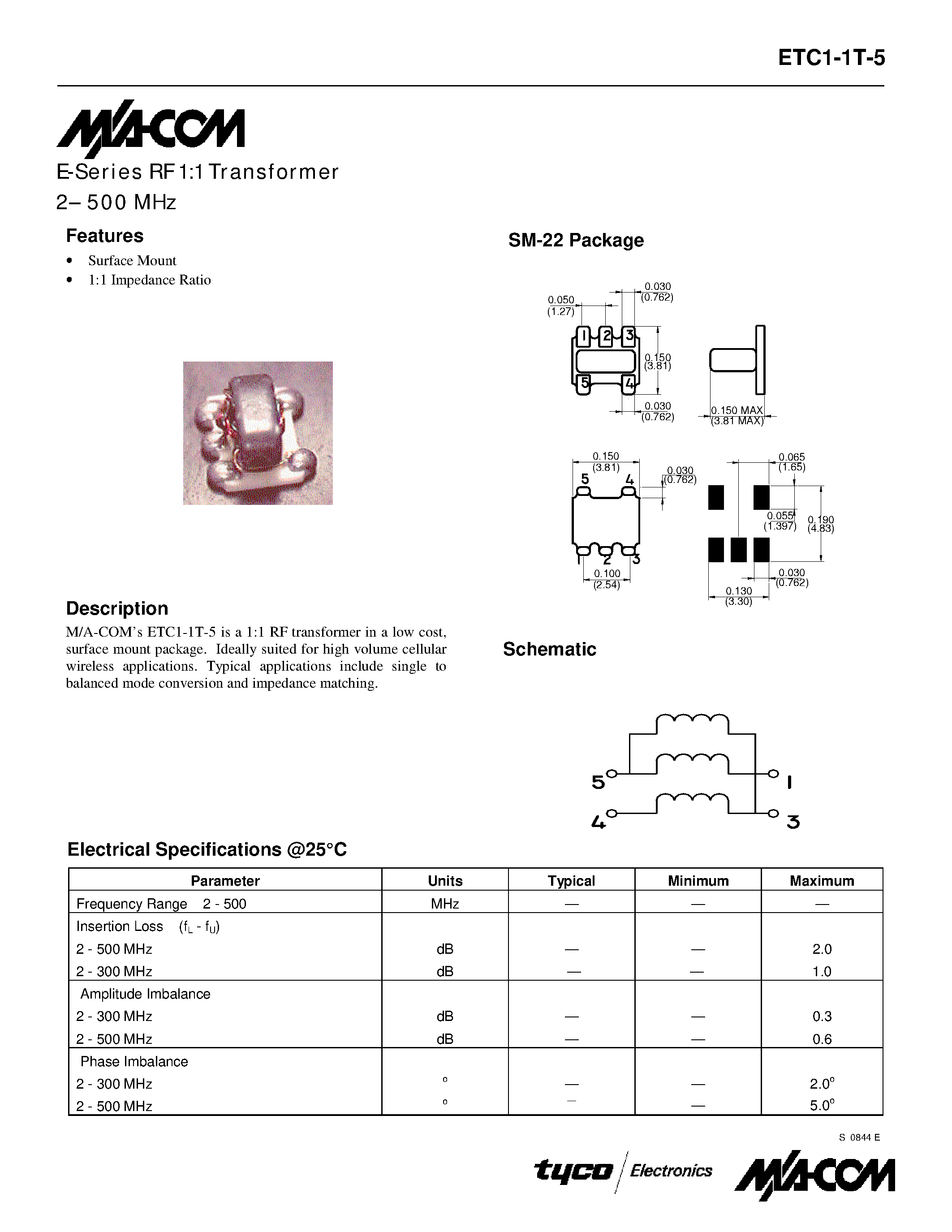 Datasheet ETC1-1T-5 - E-Series RF 1:1 Transformer 2- 500 MHz page 1