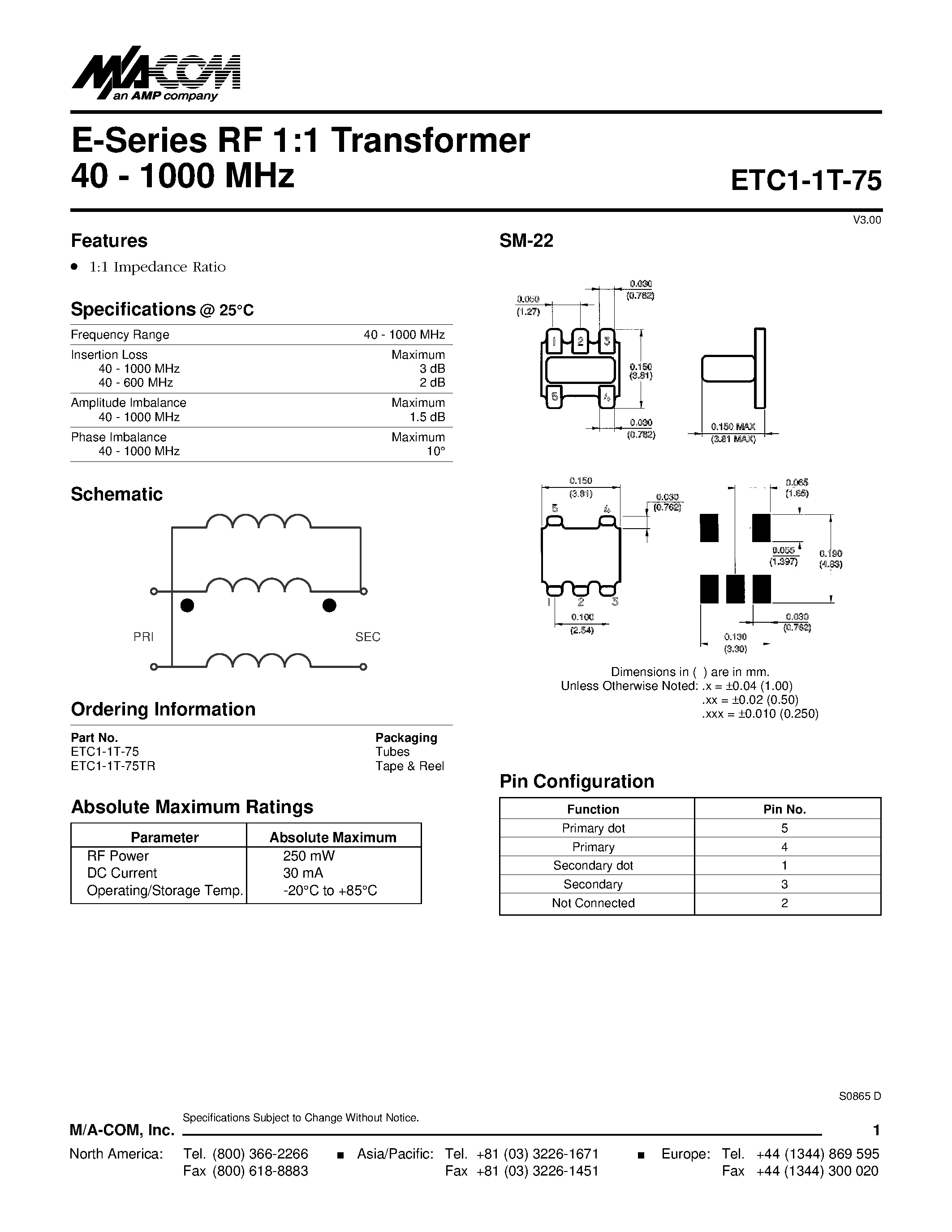 Datasheet ETC1-1T-75 - E-Series RF 1:1 Transformer 40 - 1000 MHz page 1