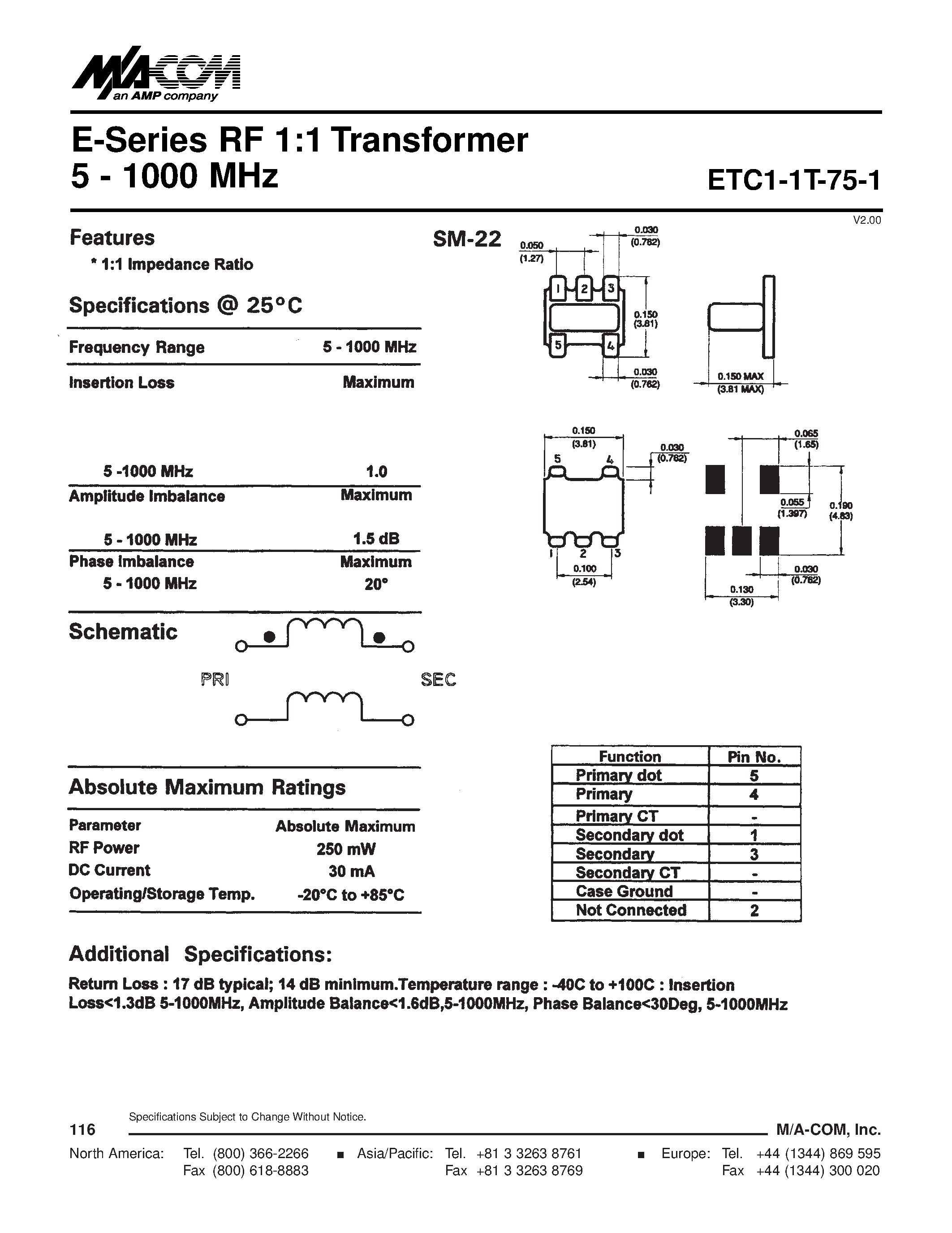 Datasheet ETC1-1T-75-1 - E-Series RF 1:1 Transformer 5 - 1000 MHz page 1