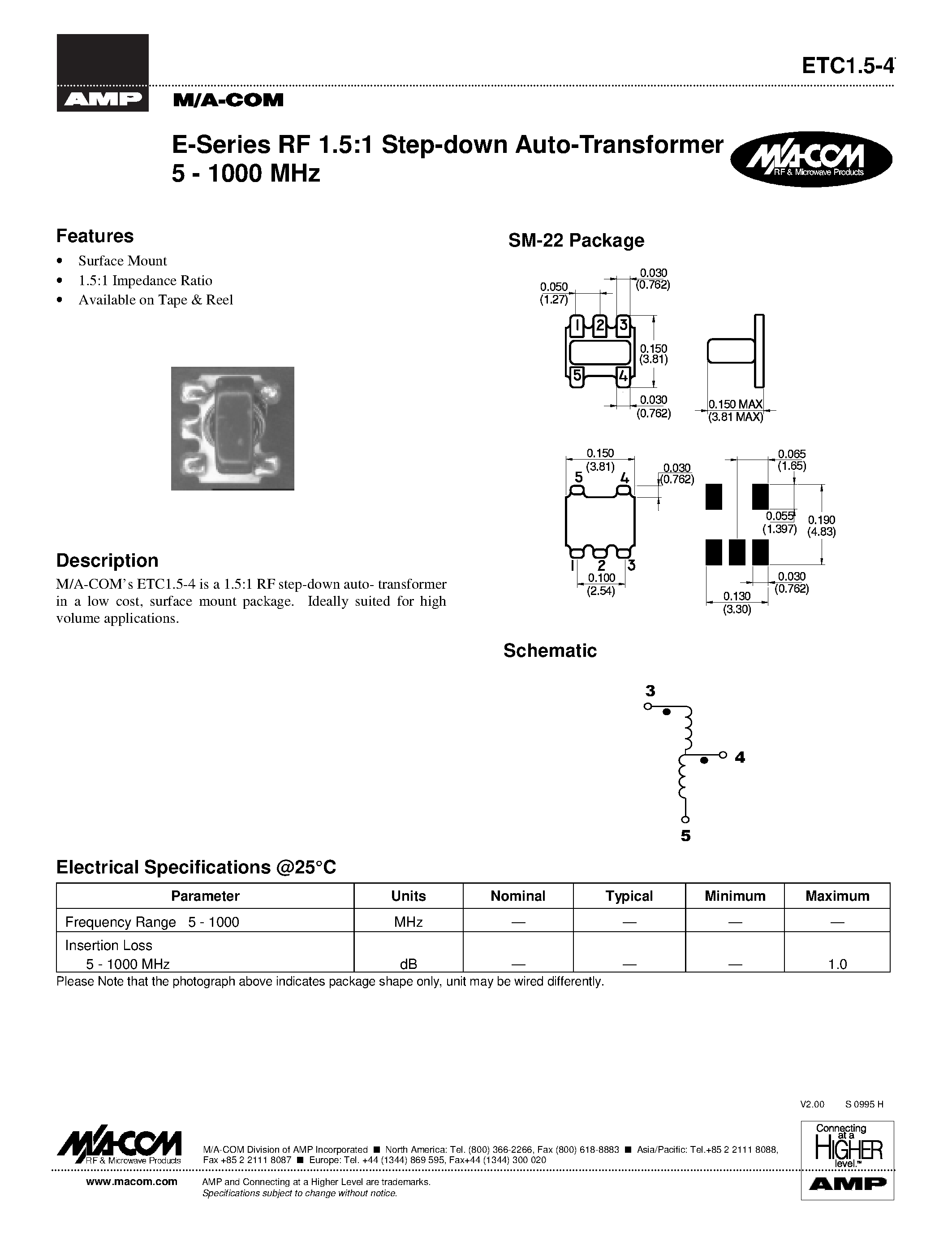 Datasheet ETC15-4 - E-Series RF 1.5:1 Step-down Auto-Transformer 5 - 1000 MHz page 1