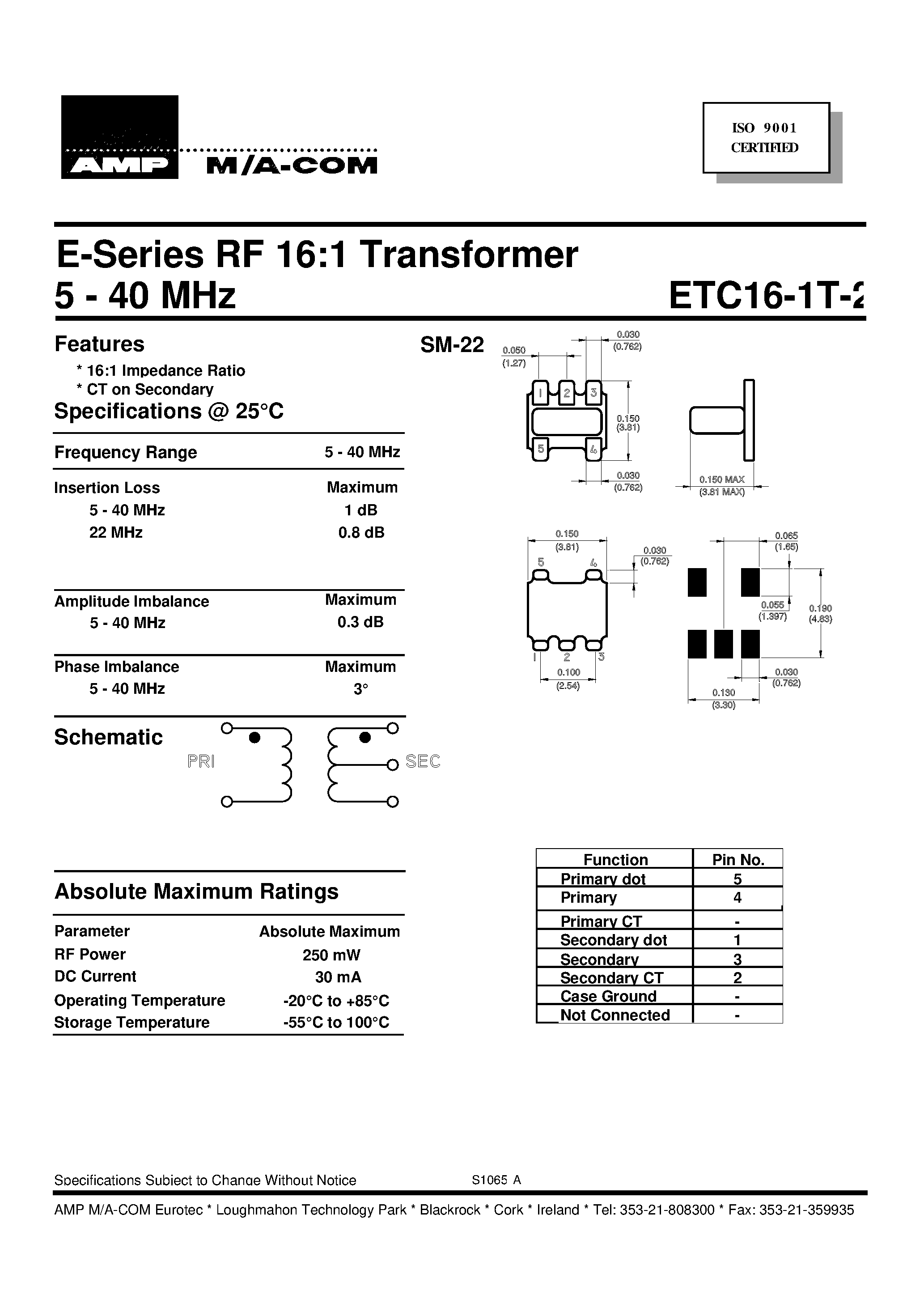 Datasheet ETC16-1T-2 - 5 - 40 MHz E-Series RF 16:1 Transformer page 1