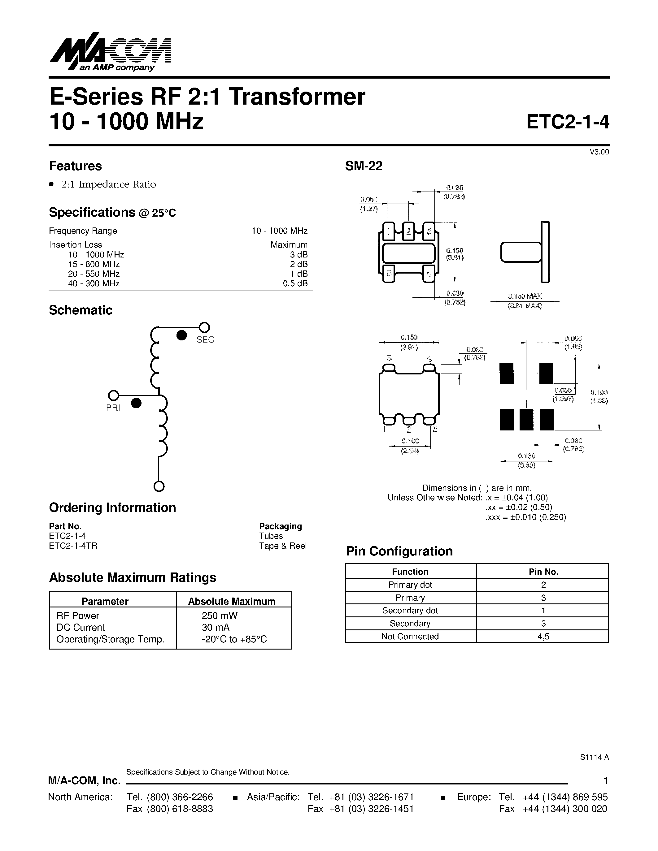 Datasheet ETC2-1-4 - E-Series RF 2:1 Transformer 10 - 1000 MHz page 1