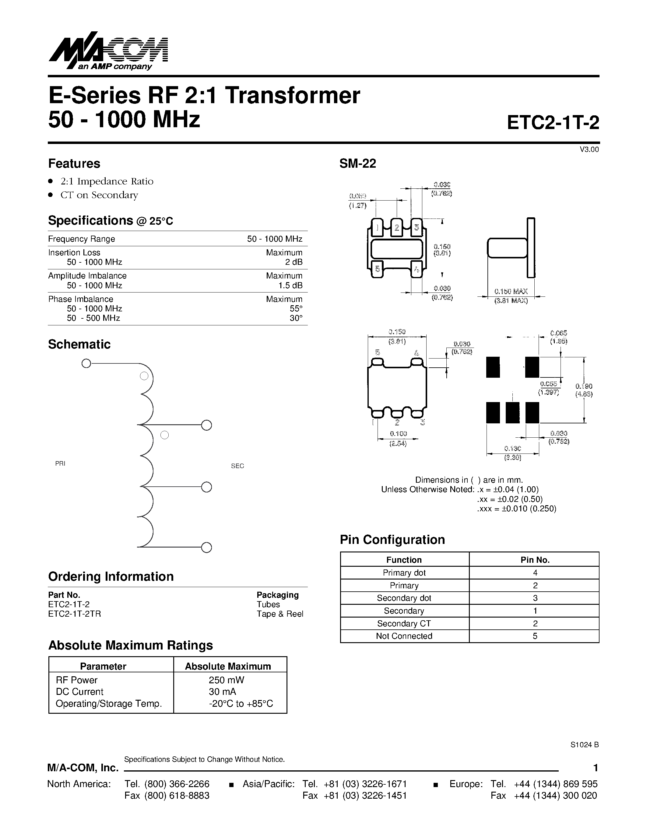 Datasheet ETC2-1T-2 - E-Series RF 2:1 Transformer 50 - 1000 MHz page 1