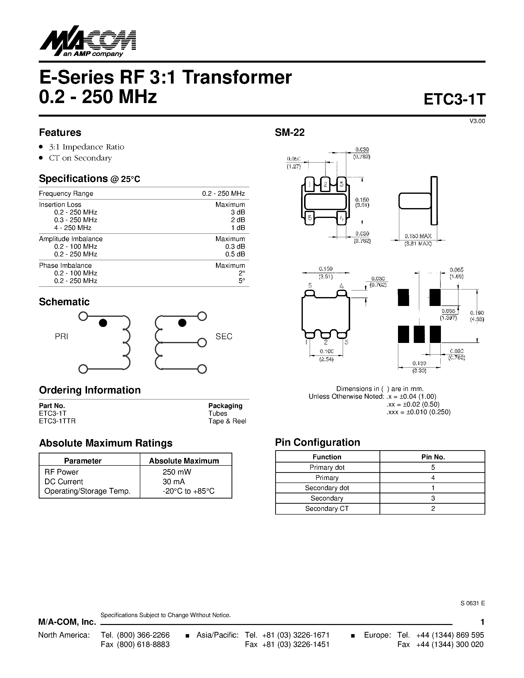 Datasheet ETC3-1T - E-Series RF 3:1 Transformer 0.2 - 250 MHz page 1