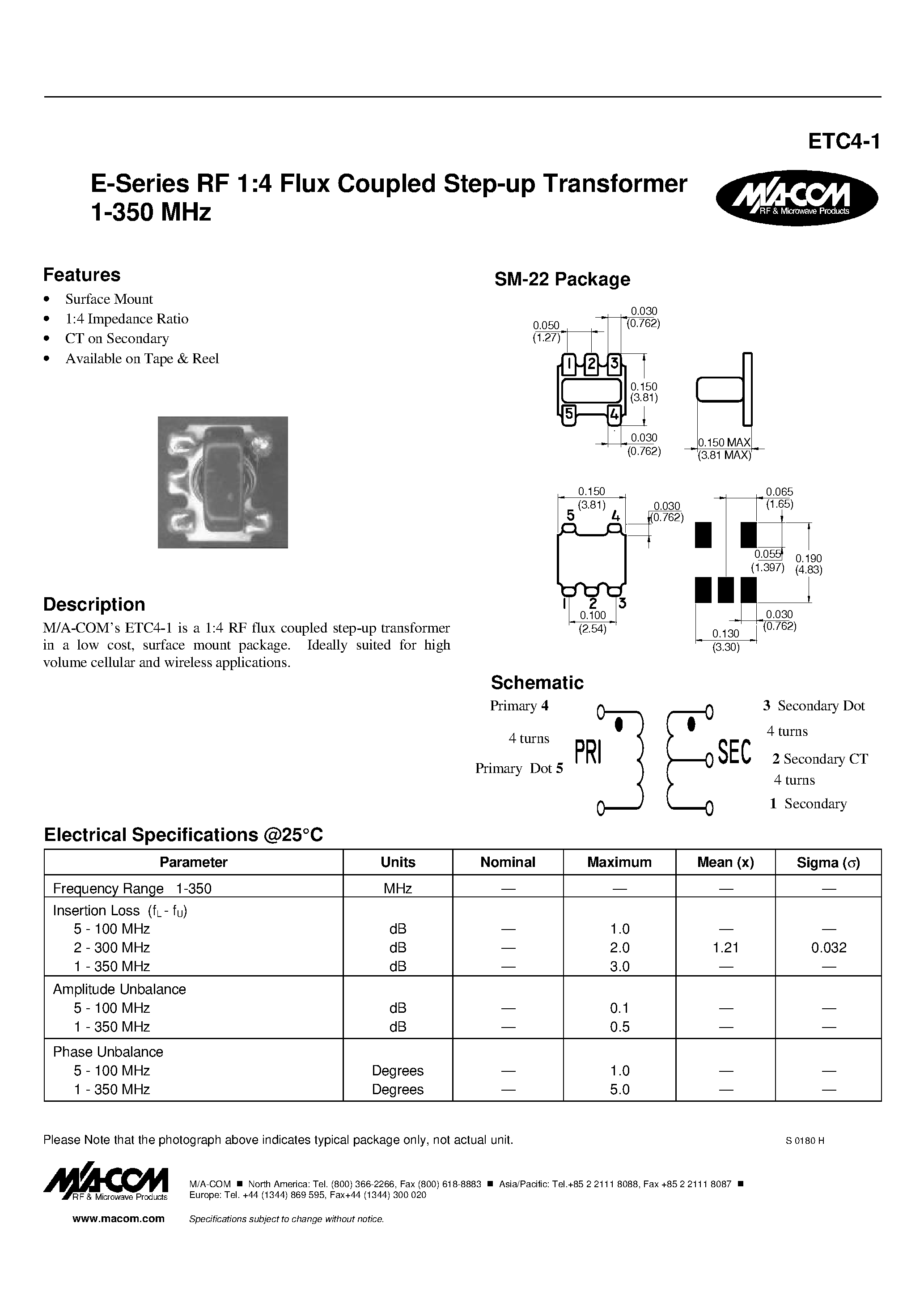 Datasheet ETC4-1 - E-Series RF 1:4 Flux Coupled Step-up Transformer 1-350 MHz page 1