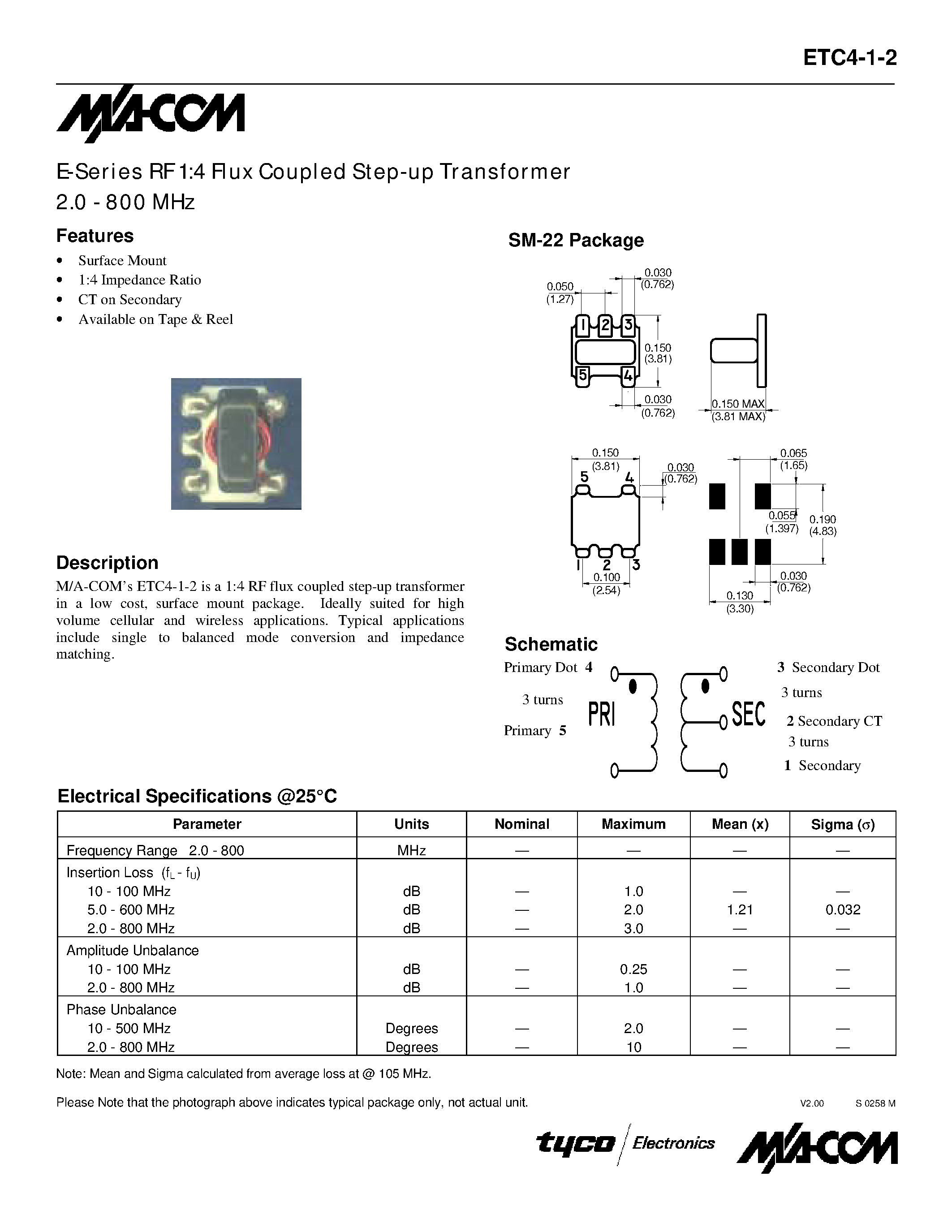 Datasheet ETC4-1-2 - E-Series RF 1:4 Flux Coupled Step-up Transformer 2.0 - 800 MHz page 1