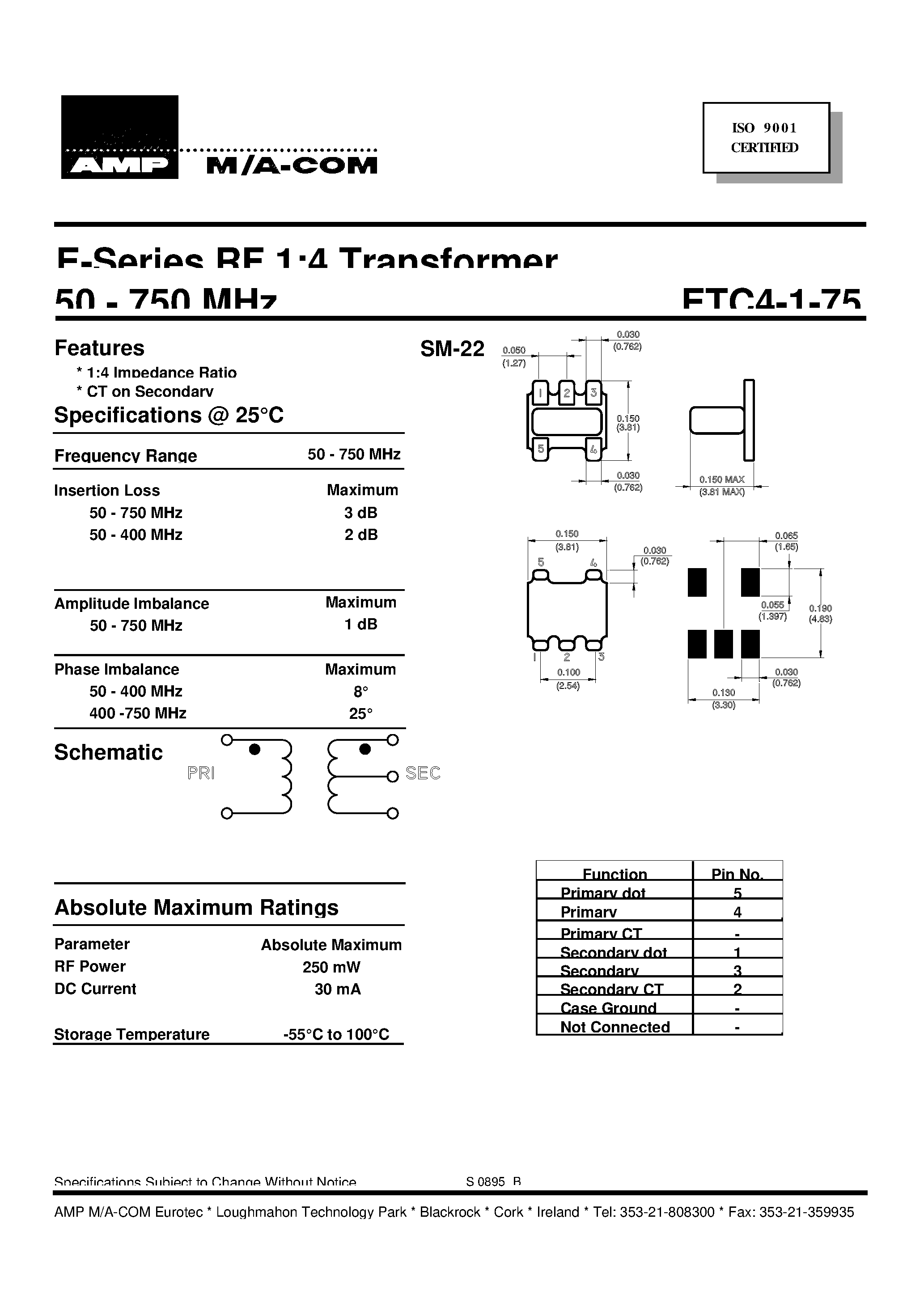 Datasheet ETC4-1-75 - E-Series RF 1:4 Transformer 50 - 750 MHz page 1