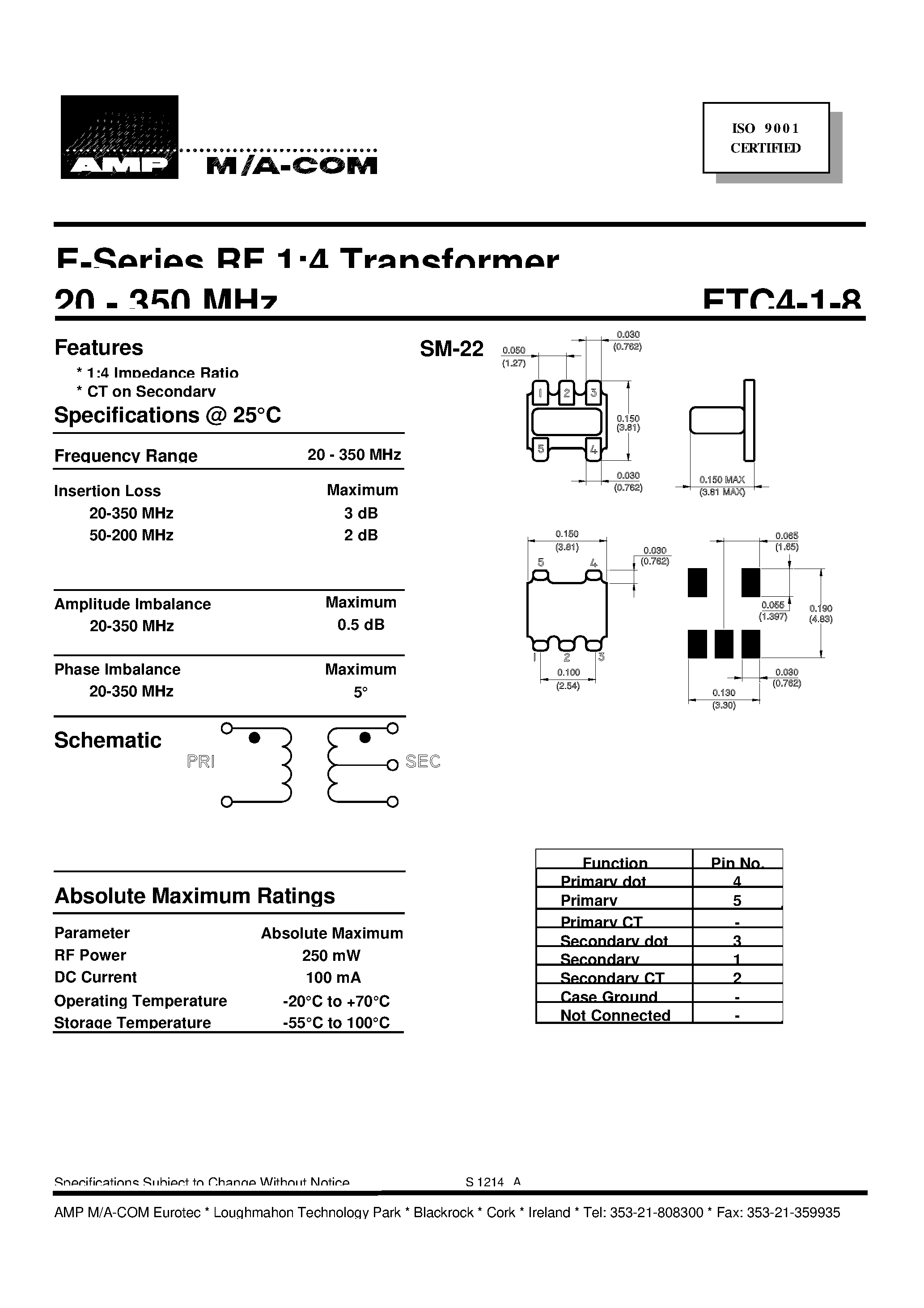 Datasheet ETC4-1-8 - E-Series RF 1:4 Transformer 20 - 350 MHz page 1