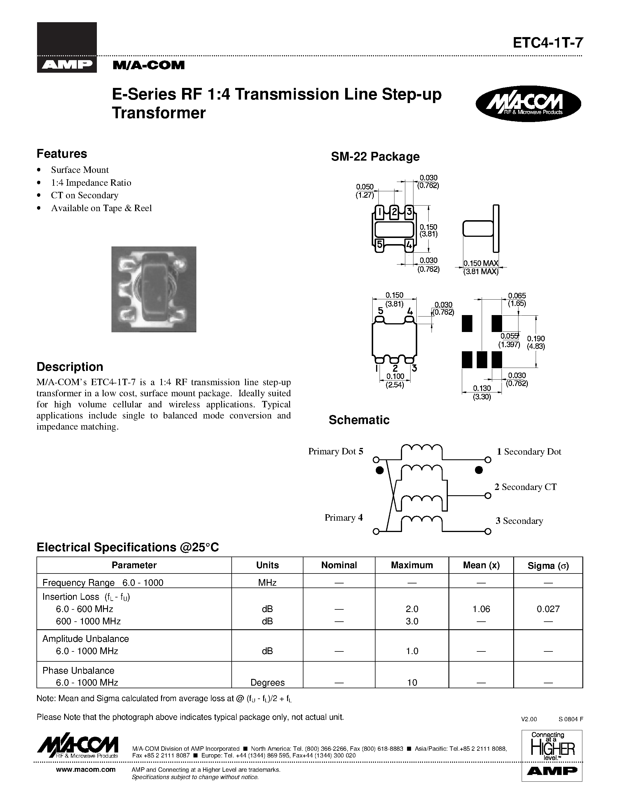 Datasheet ETC4-1T-7 - E-Series RF 1:4 Transmission Line Step-up Transformer page 1