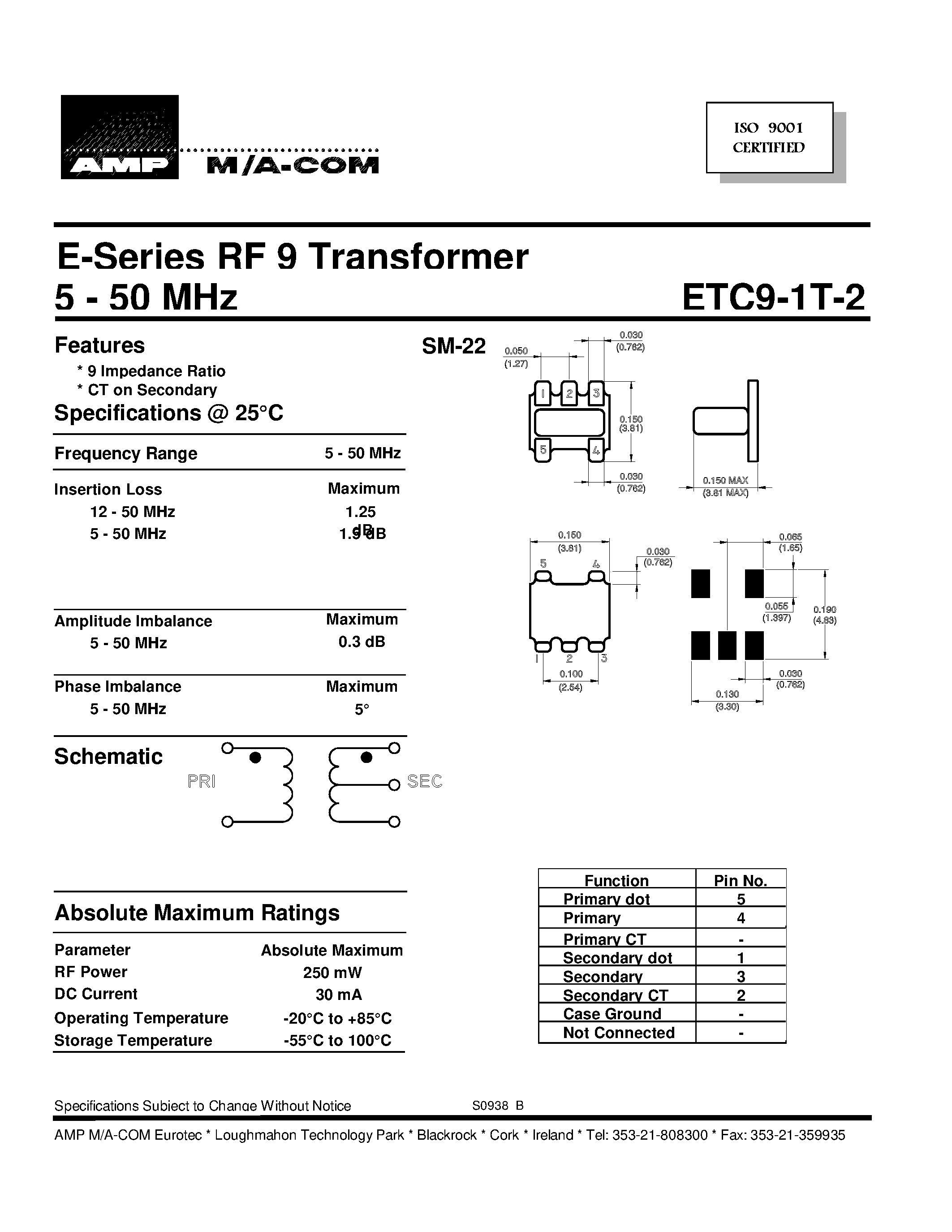 Datasheet ETC9-1T-2 - 5 - 50 MHz E-Series RF 9 Transformer page 1