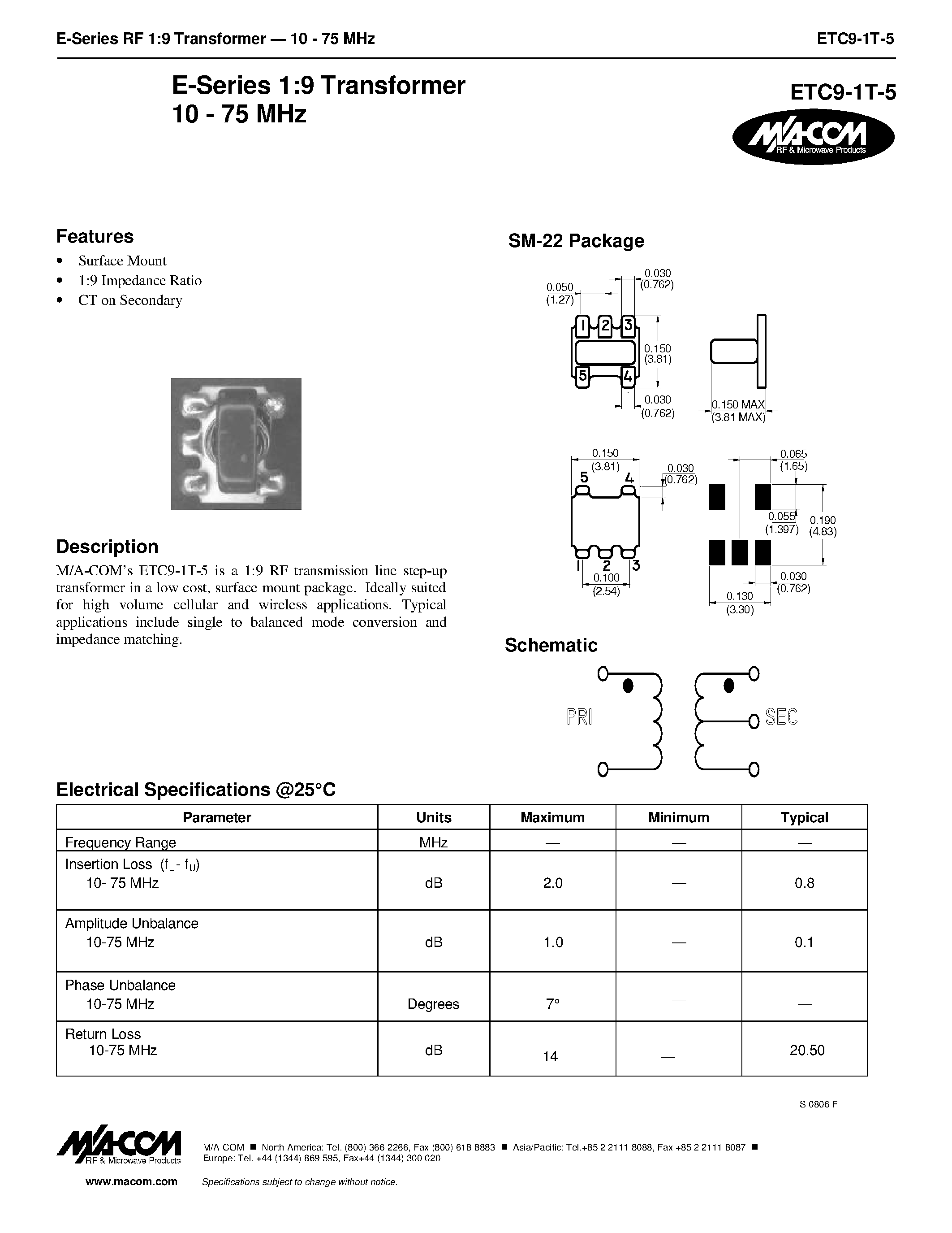 Datasheet ETC9-1T-5 - E-Series 1:9 Transformer 10 - 75 MHz page 1