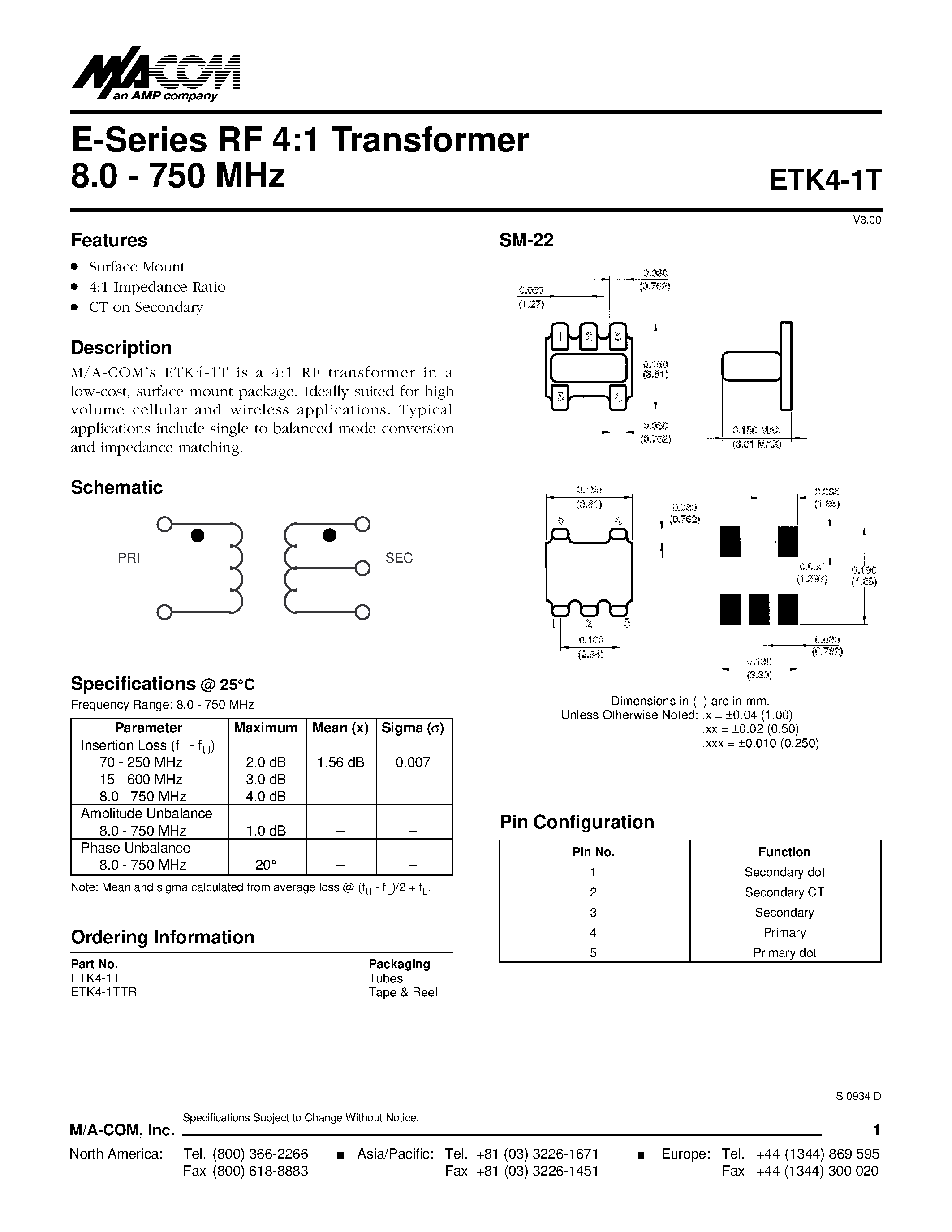 Datasheet ETK4-1T - E-Series RF 4:1 Transformer 8.0 - 750 MHz page 1