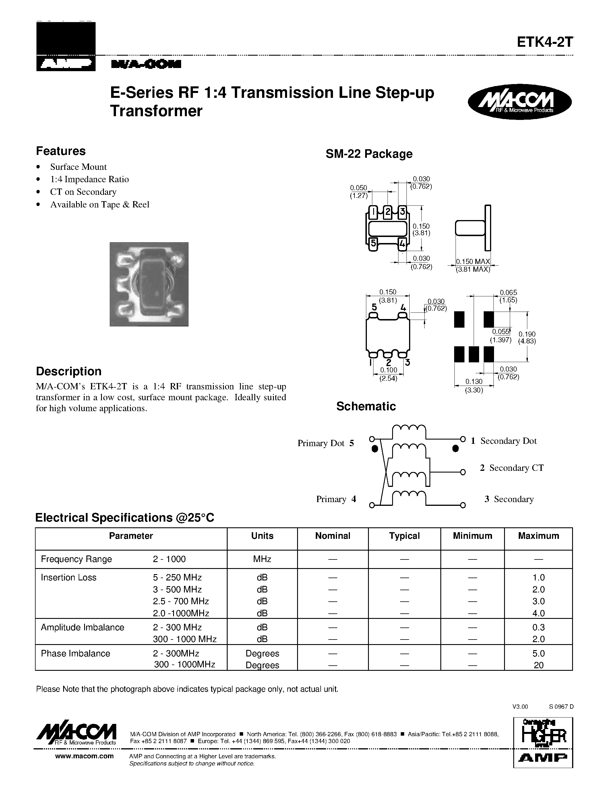 Datasheet ETK4-2T - E-Series RF 1:4 Transmission Line Step-up Transformer page 1