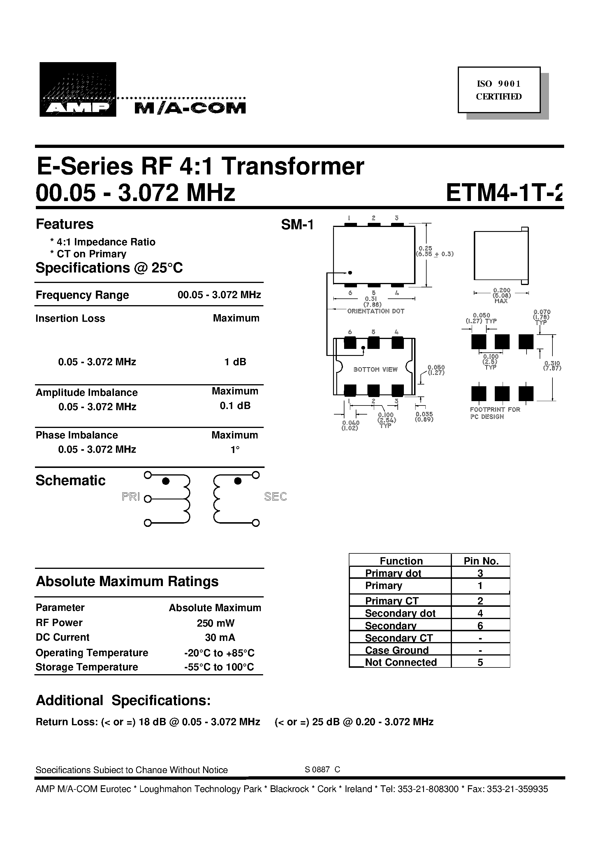 Datasheet ETM4-1T-2 - 00.05 - 3.072 MHz E-Series RF 4:1 Transformer page 1