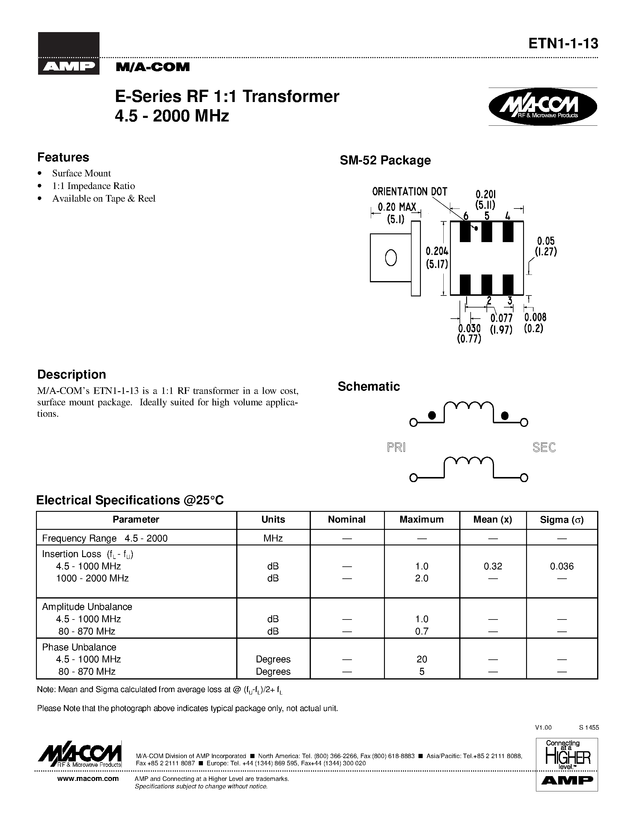 Datasheet ETN1-1-13 - E-Series RF 1:1 Transformer 4.5 - 2000 MHz page 1