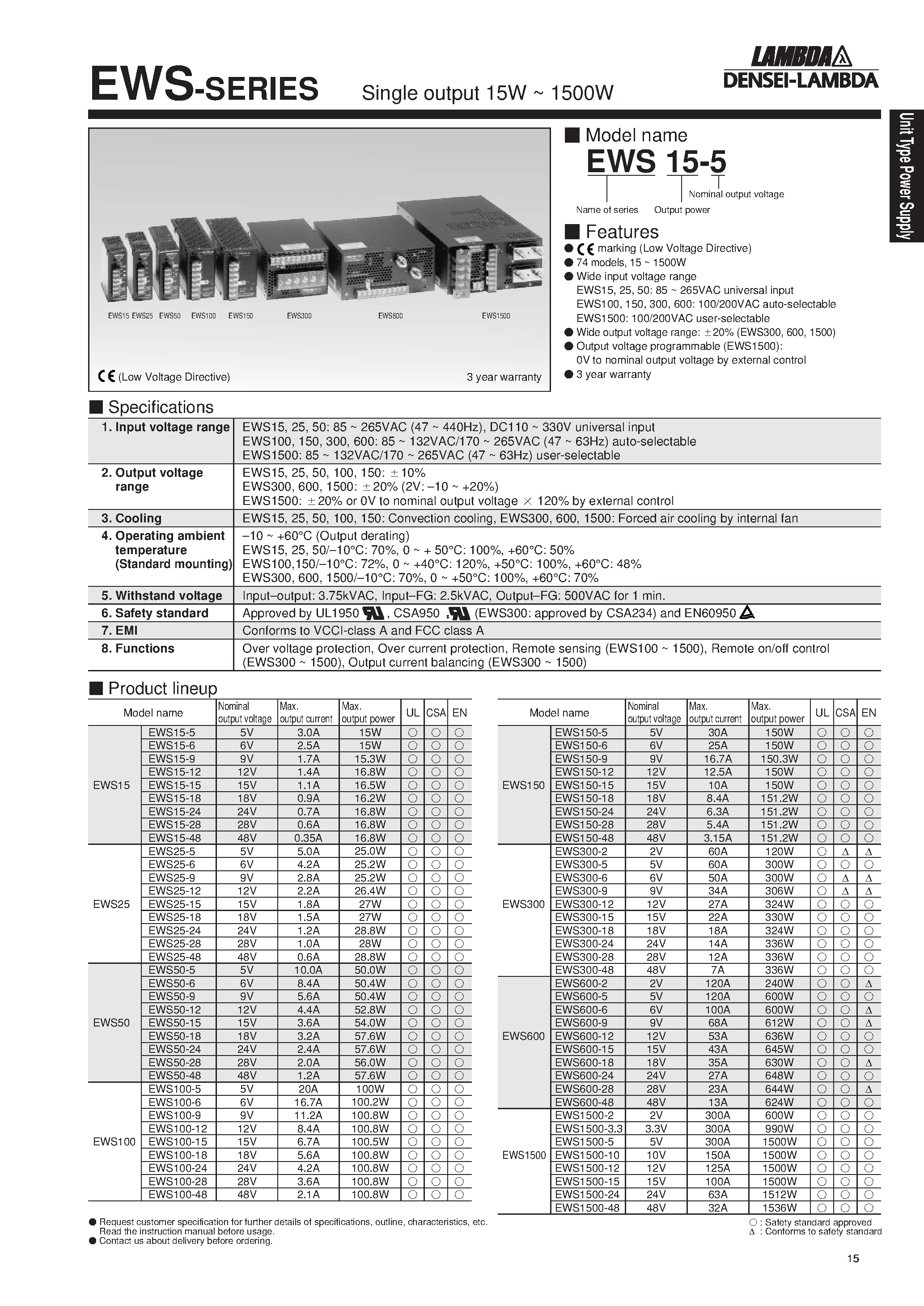 Даташит EWS100-6 - Single output 15W ~ 1500W страница 1