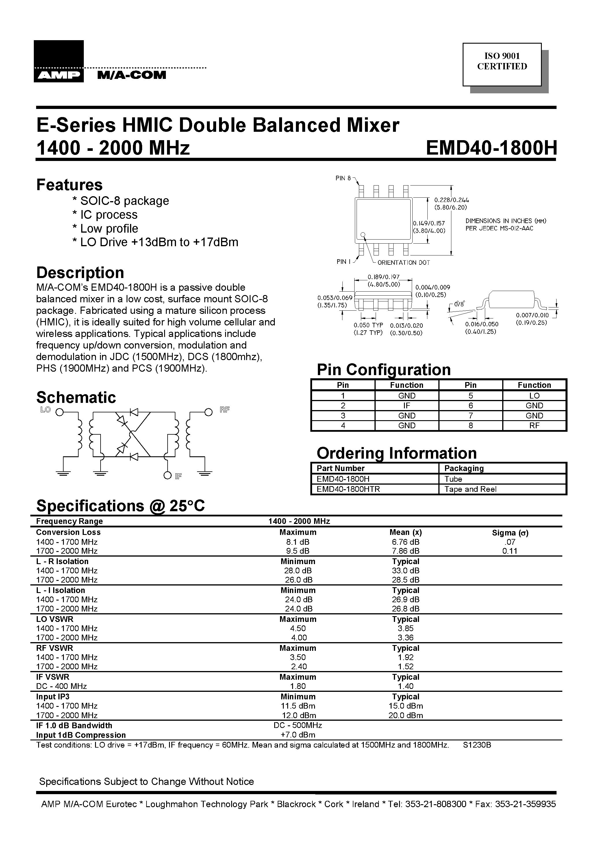 Datasheet EMD40-1800H - E-Series HMIC Double Balanced Mixer 1400 - 2000 MHz page 1