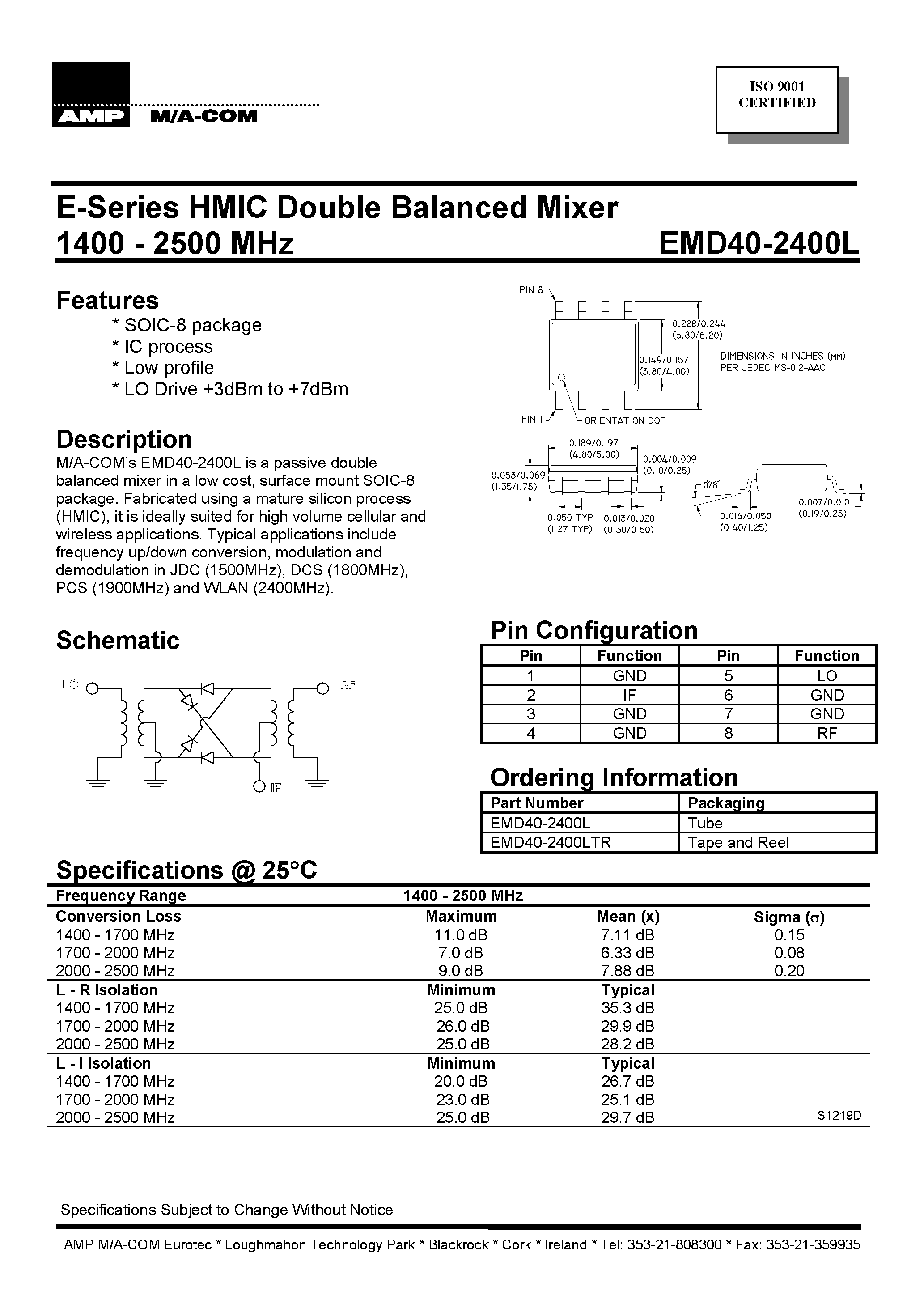 Datasheet EMD40-2400LTR - E-Series HMIC Double Balanced Mixer 1400 - 2500 MHz page 1