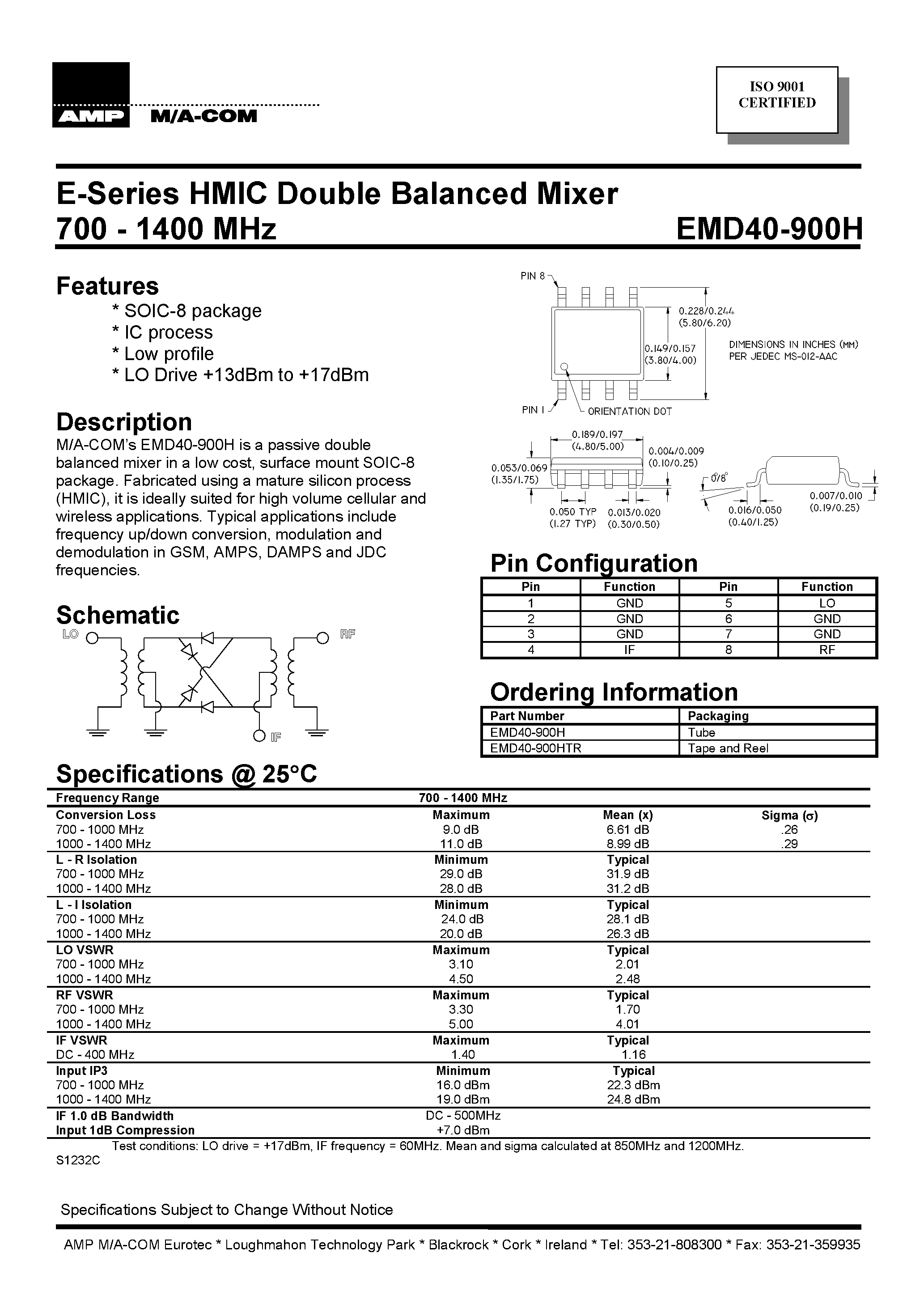 Datasheet EMD40-900H - E-Series HMIC Double Balanced Mixer 700 - 1400 MHz page 1