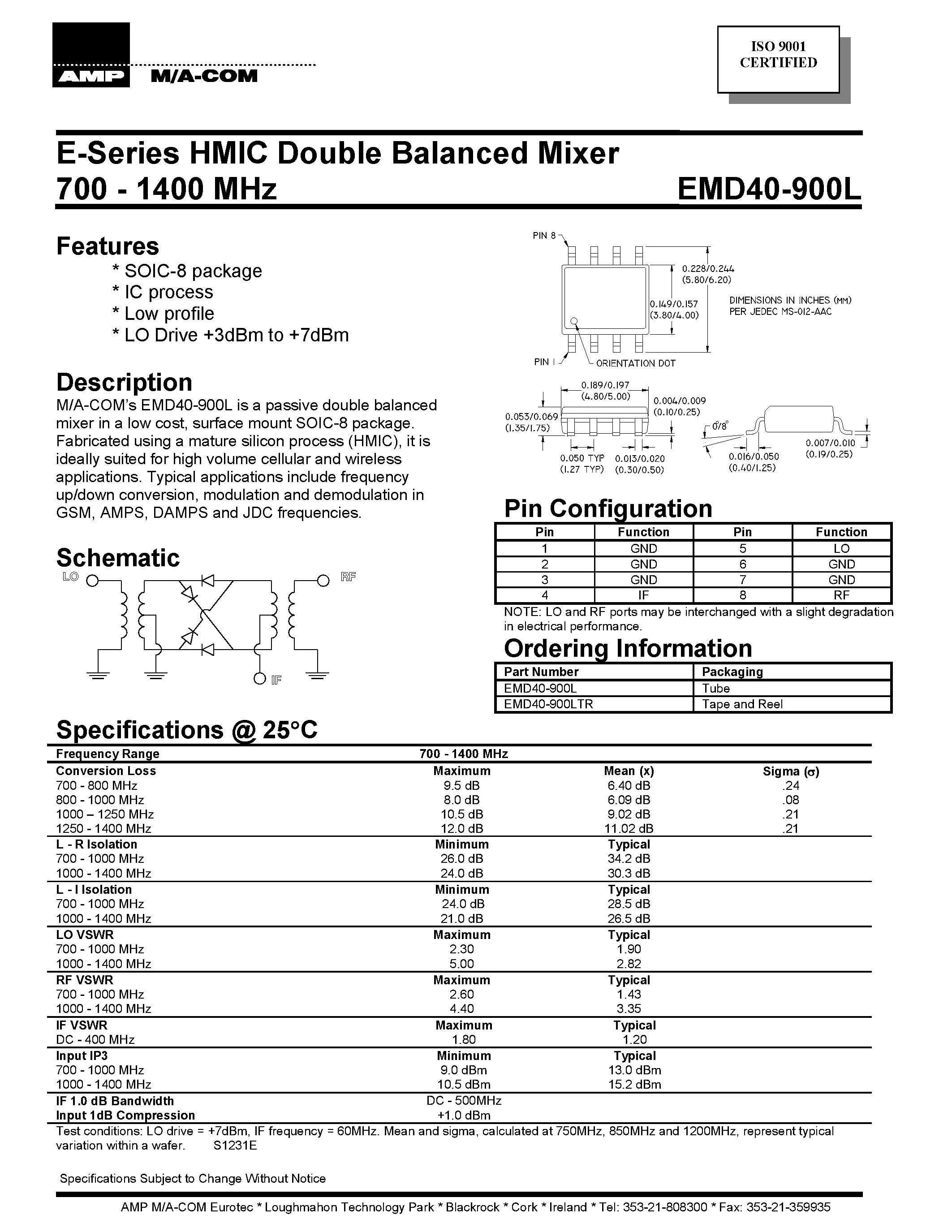 Datasheet EMD40-900L - E-Series HMIC Double Balanced Mixer 700 - 1400 MHz page 1