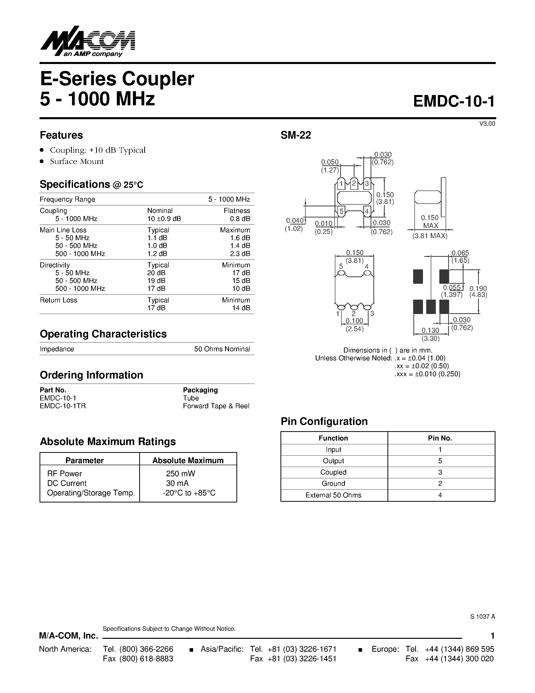 Datasheet EMDC-10-1 - E-Series Coupler 5 - 1000 MHz page 1