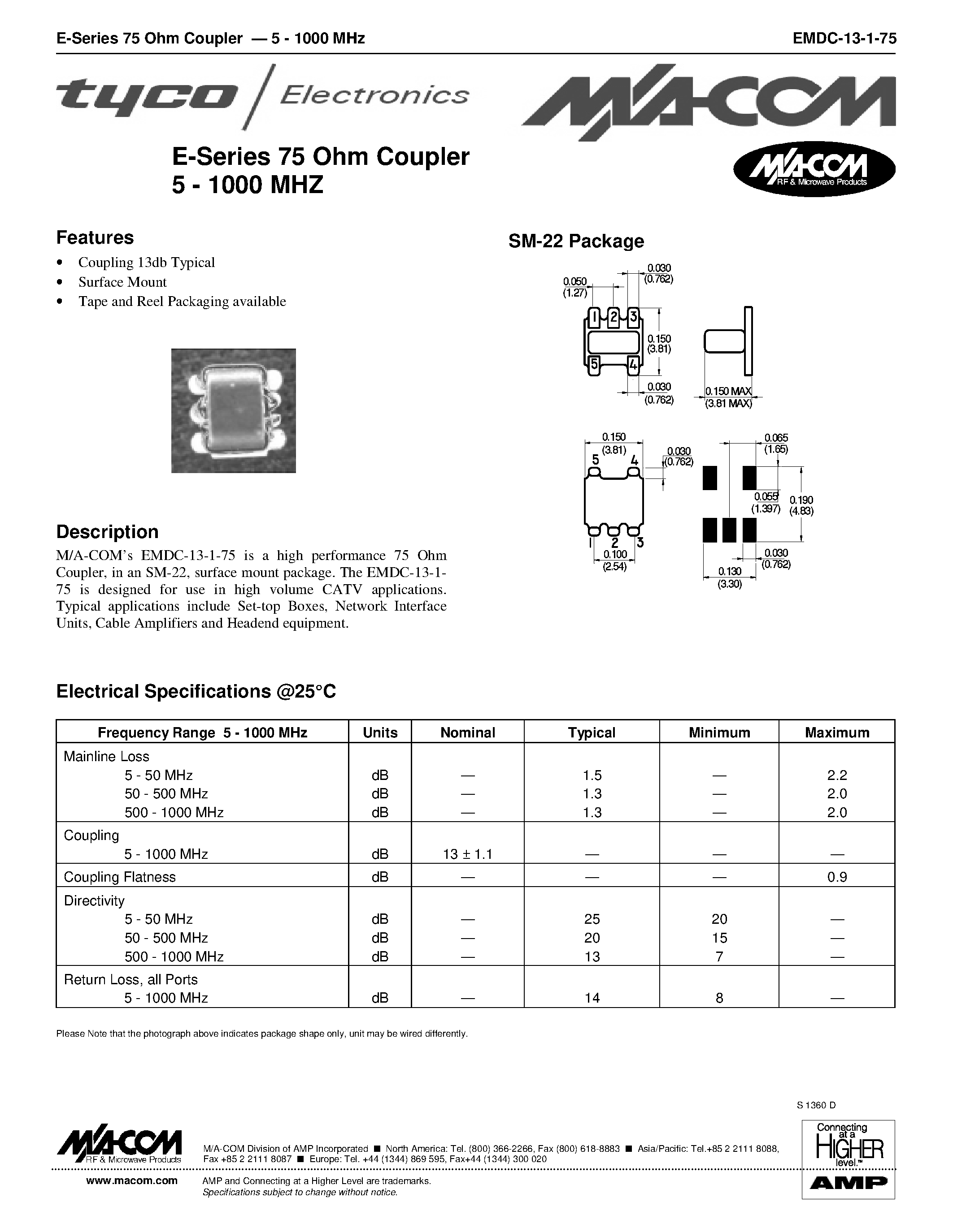 Datasheet EMDC-13-1-75 - E-Series 75 Ohm Coupler 5 - 1000 MHZ page 1