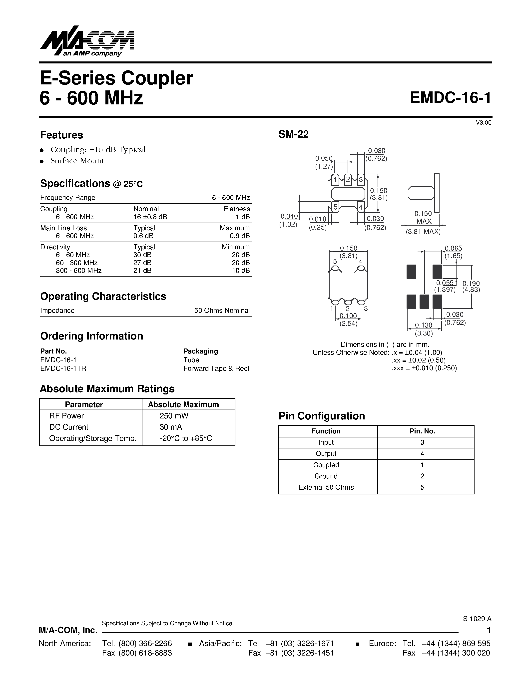 Datasheet EMDC-16-1 - E-Series Coupler 6 - 600 MHz page 1