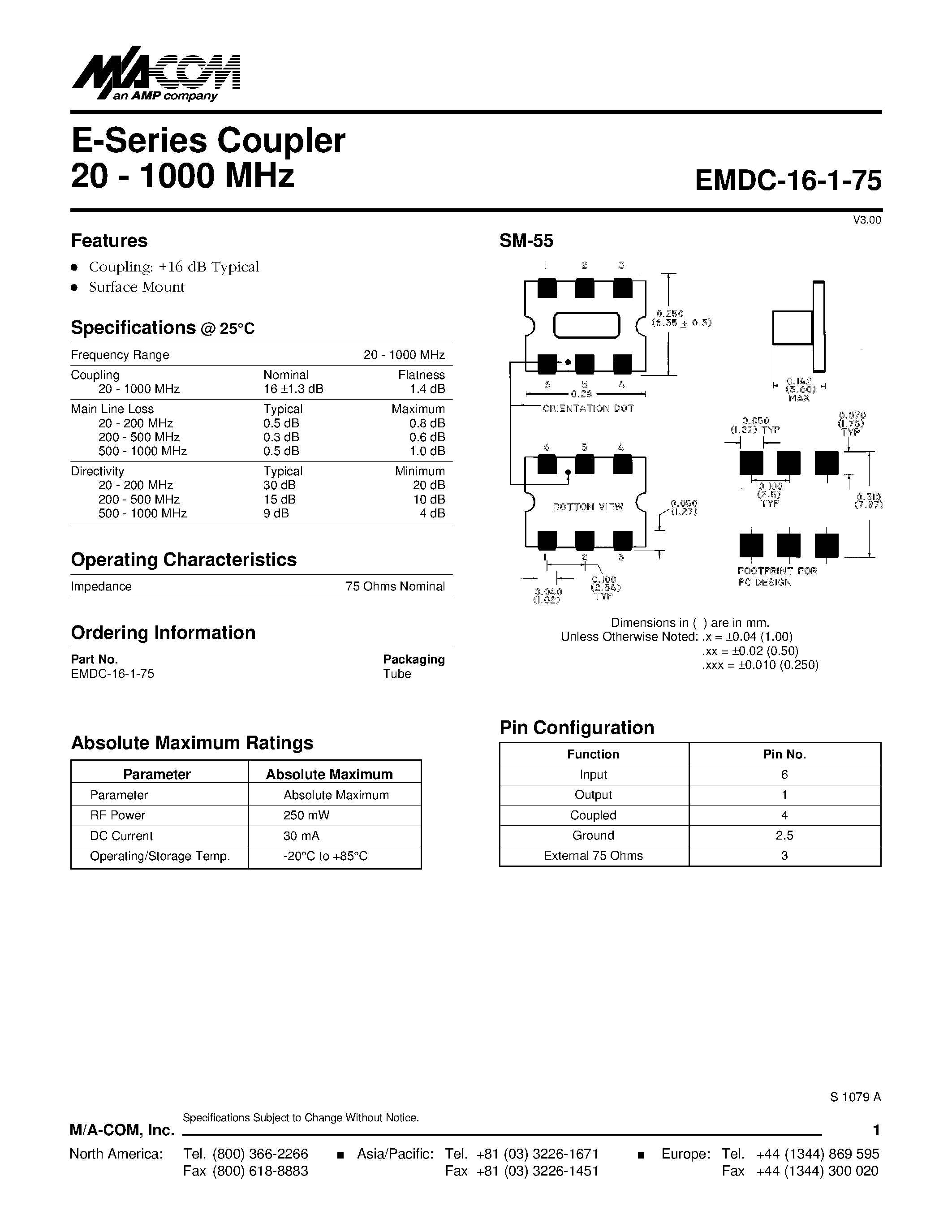 Datasheet EMDC-16-1-75 - E-Series Coupler 20 - 1000 MHz page 1