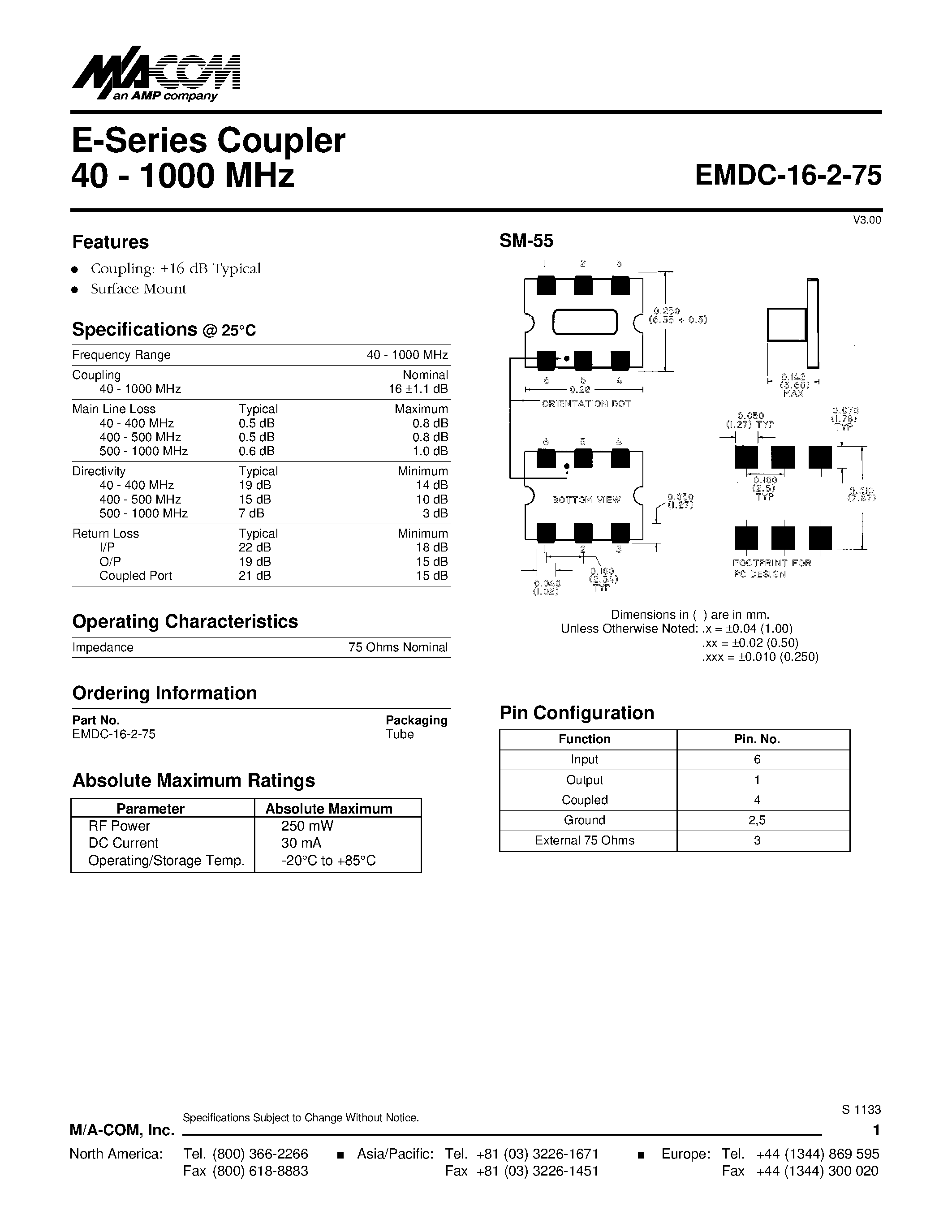 Datasheet EMDC-16-2-75 - E-Series Coupler 40 - 1000 MHz page 1