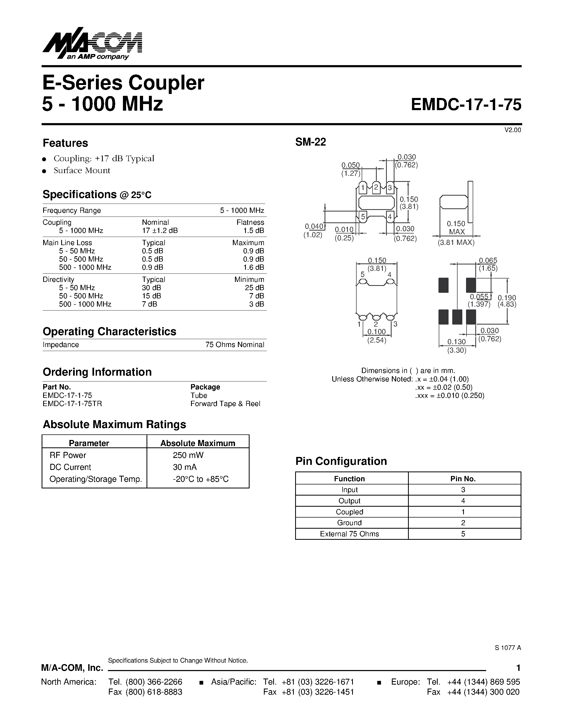 Datasheet EMDC-17-1-75 - E-Series Coupler 5 - 1000 MHz page 1