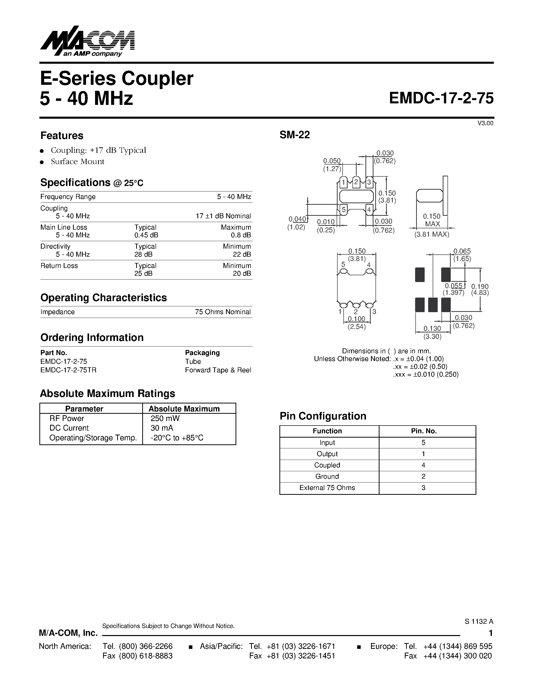 Datasheet EMDC-17-2-75 - E-Series Coupler 5 - 40 MHz page 1