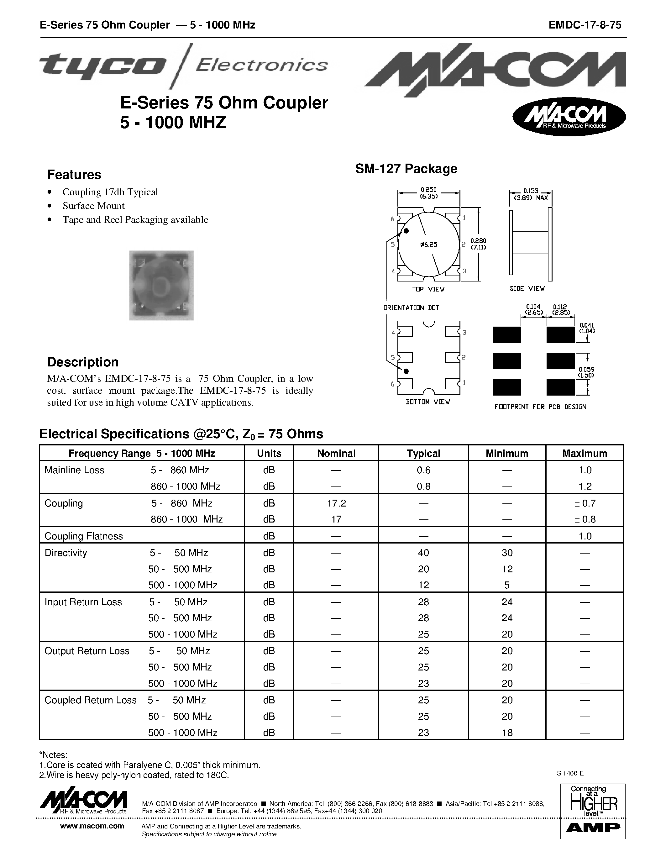 Datasheet EMDC-17-8-75 - E-Series 75 Ohm Coupler 5 - 1000 MHZ page 1