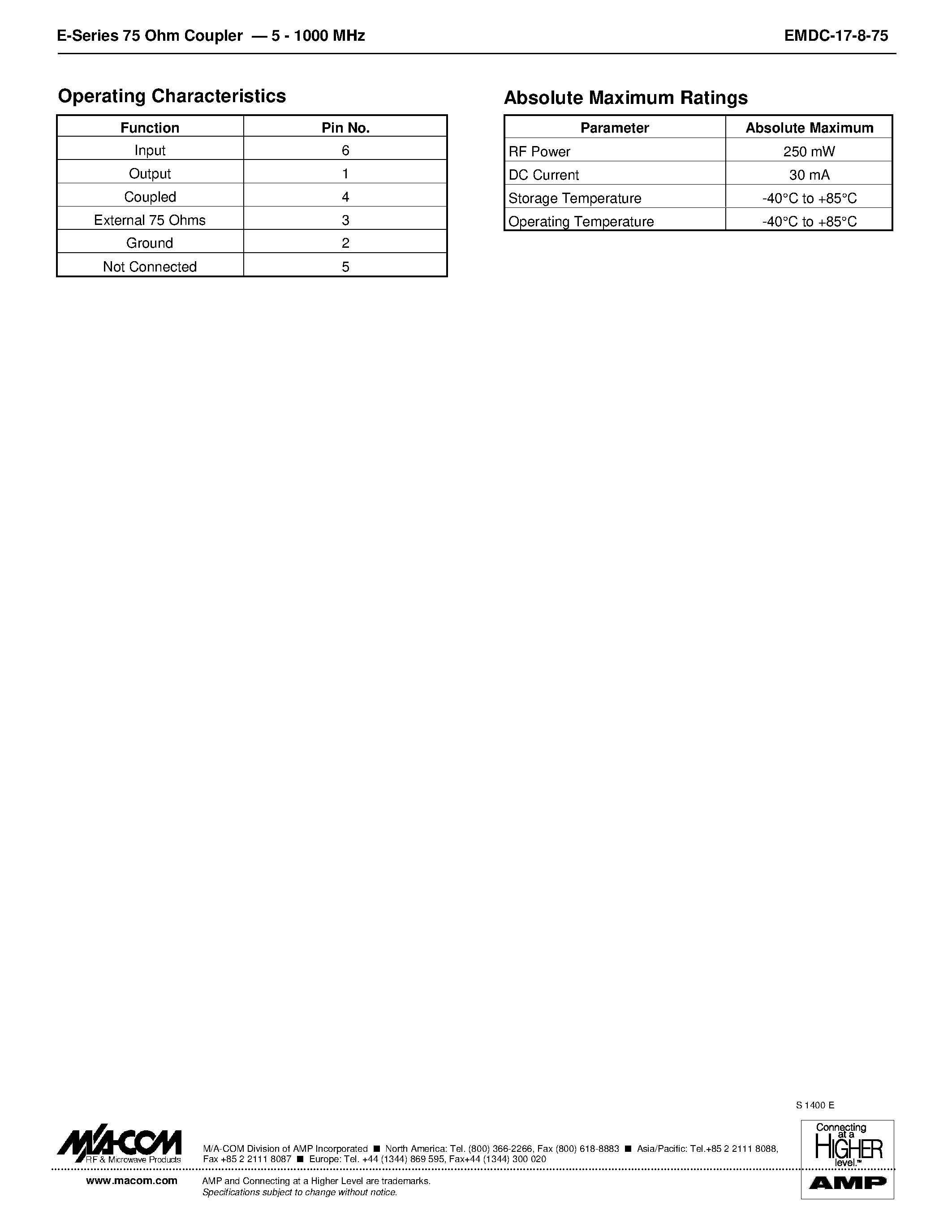 Datasheet EMDC-17-8-75 - E-Series 75 Ohm Coupler 5 - 1000 MHZ page 2