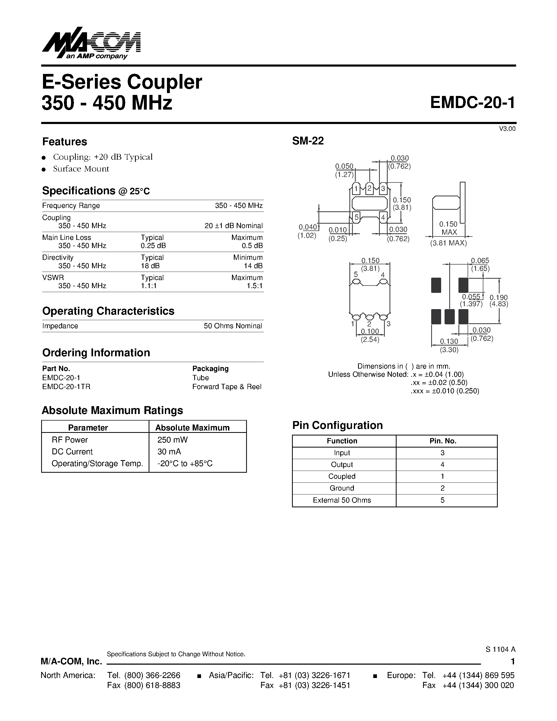 Datasheet EMDC-20-1 - E-Series Coupler 350 - 450 MHz page 1