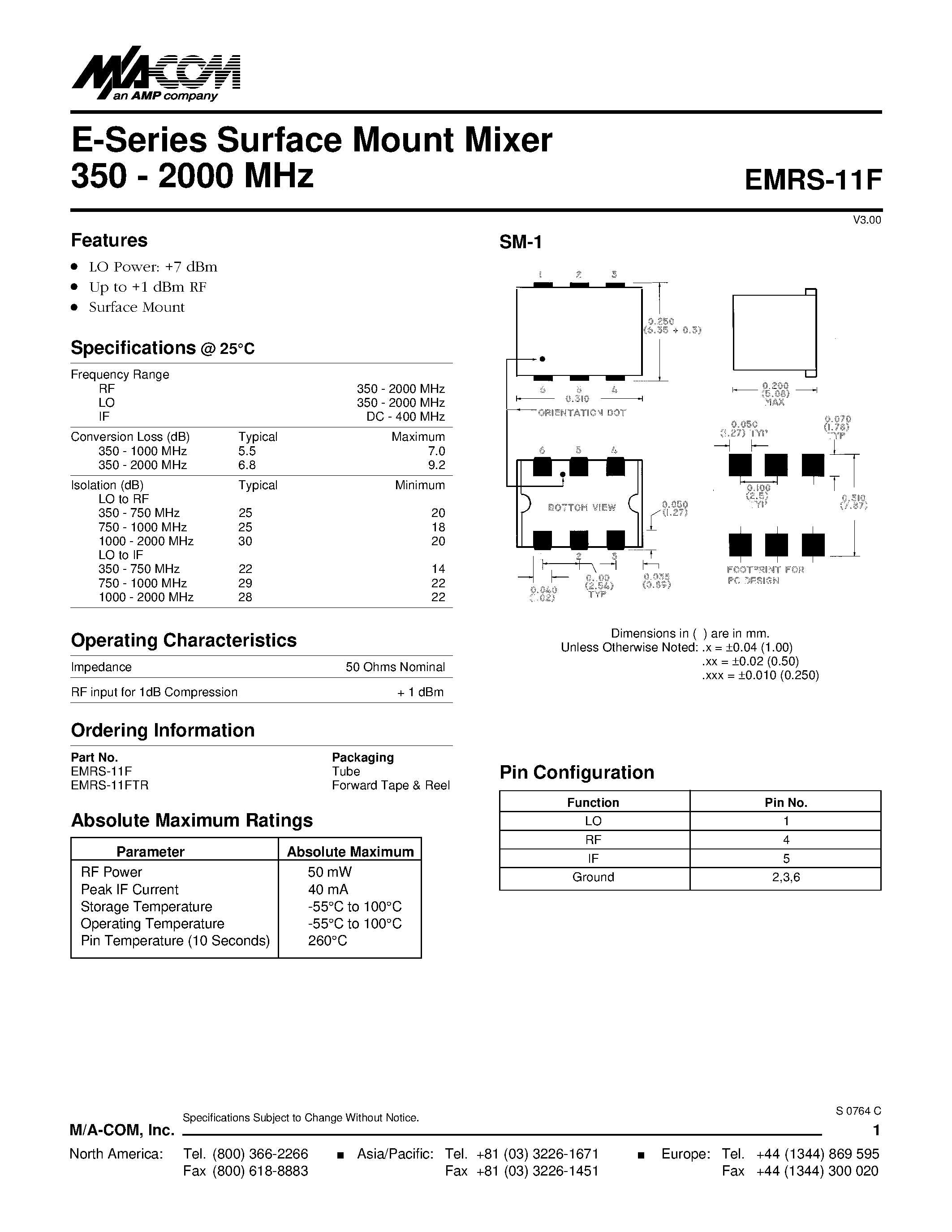 Datasheet EMRS-11F - E-Series Surface Mount Mixer 350 - 2000 MHz page 1