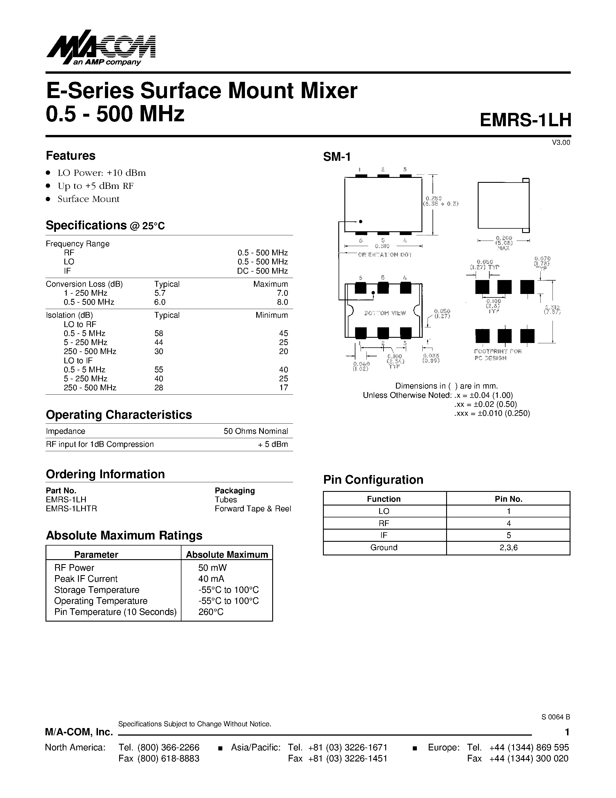 Datasheet EMRS-1LH - E-Series Surface Mount Mixer 0.5 - 500 MHz page 1