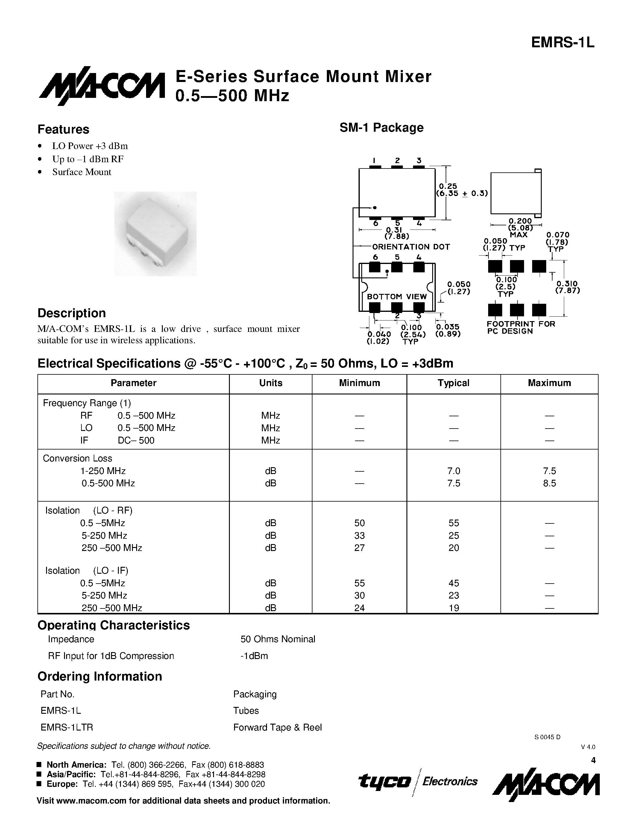 Datasheet EMRS-1LTR - E-Series Surface Mount Mixer 0.5.500 MHz page 1