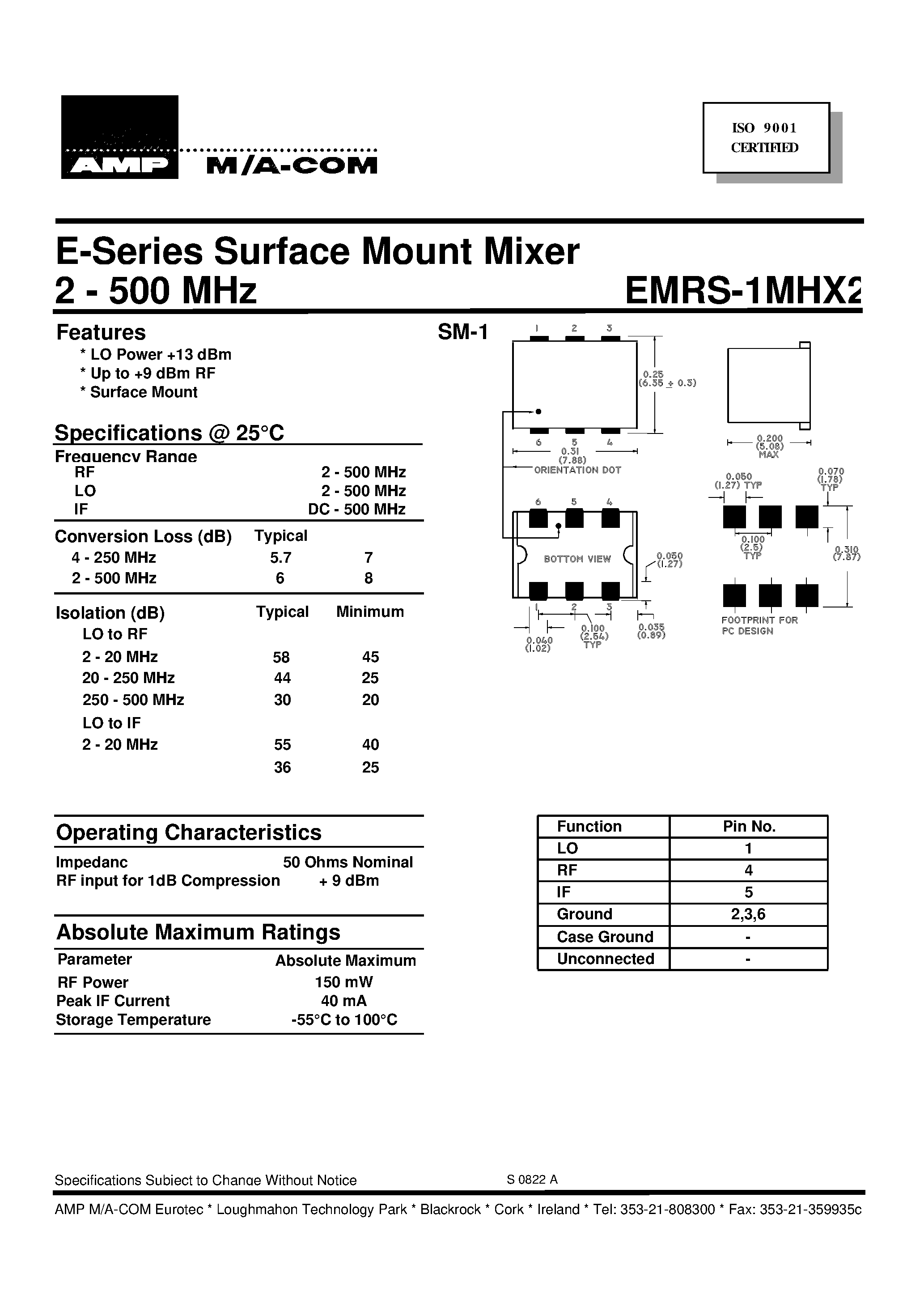 Datasheet EMRS-1MHX2 - 2 - 500 MHz E-Series Surface Mount Mixer page 1