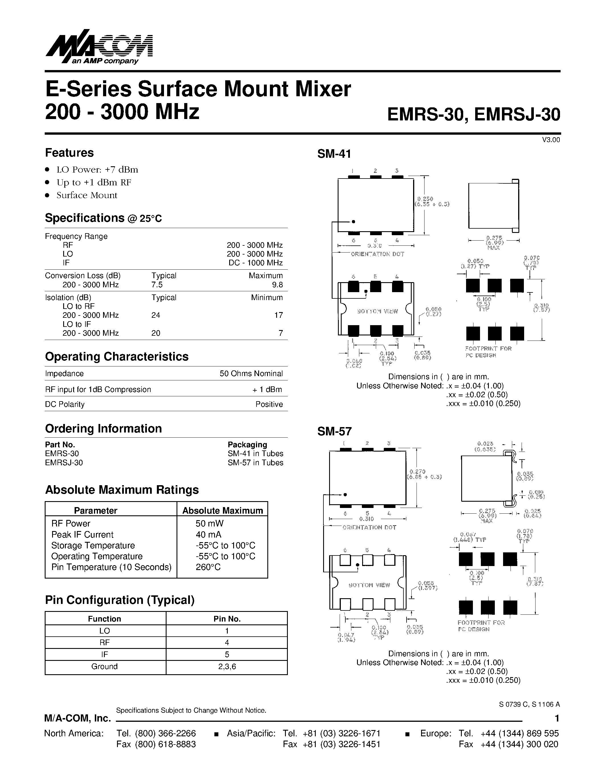 Datasheet EMRS-30 - E-Series Surface Mount Mixer 200 - 3000 MHz page 1