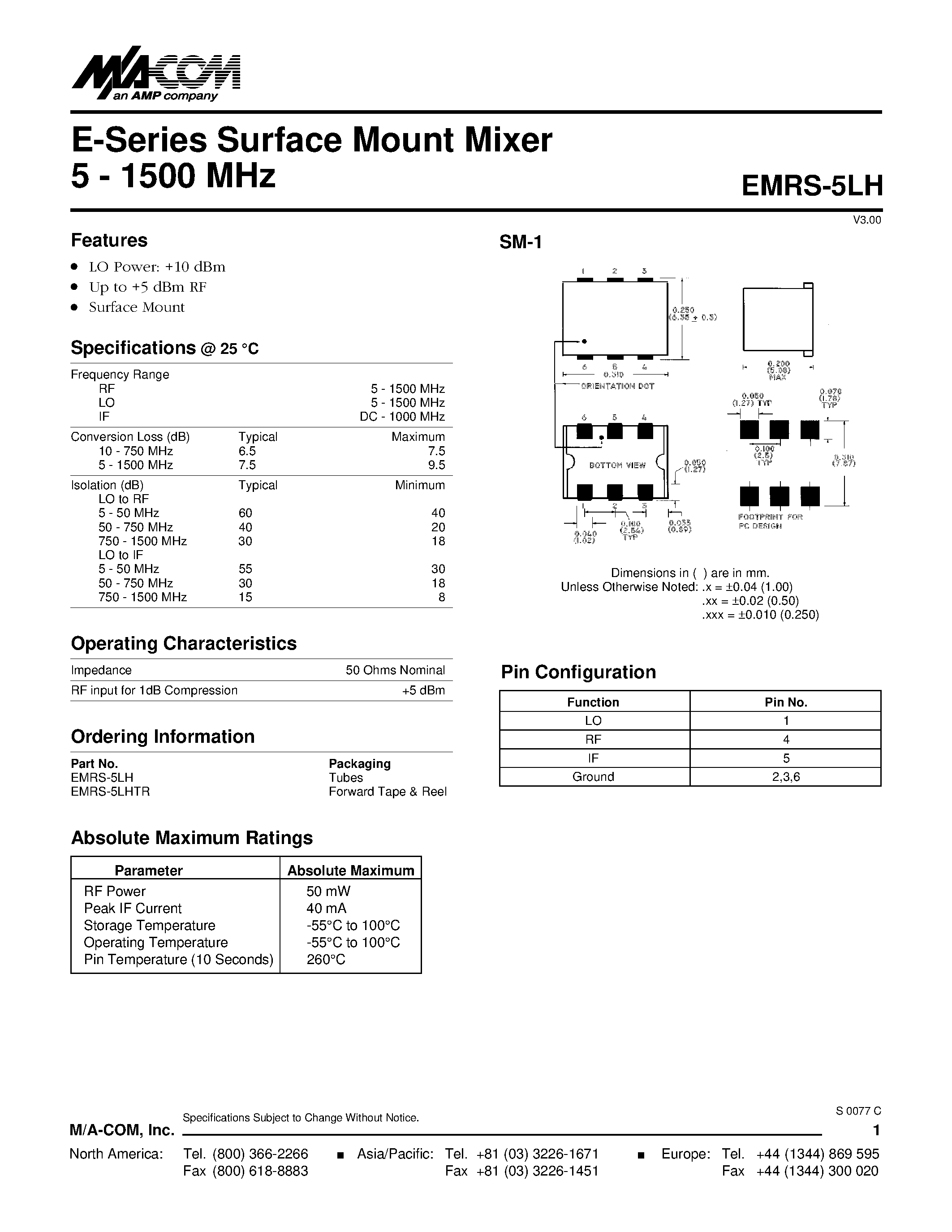 Datasheet EMRS-5LH - E-Series Surface Mount Mixer 5 - 1500 MHz page 1