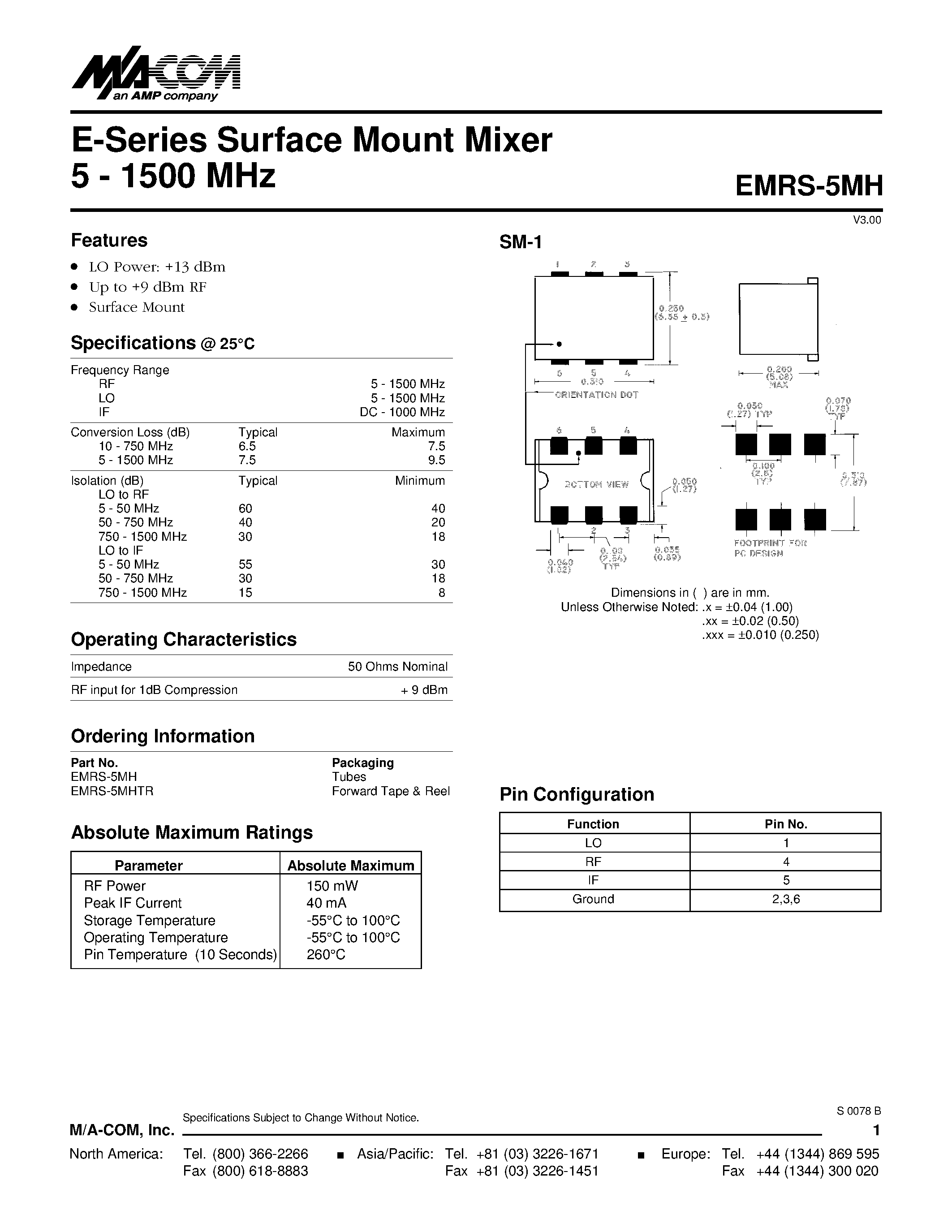 Datasheet EMRS-5MH - E-Series Surface Mount Mixer 5 - 1500 MHz page 1