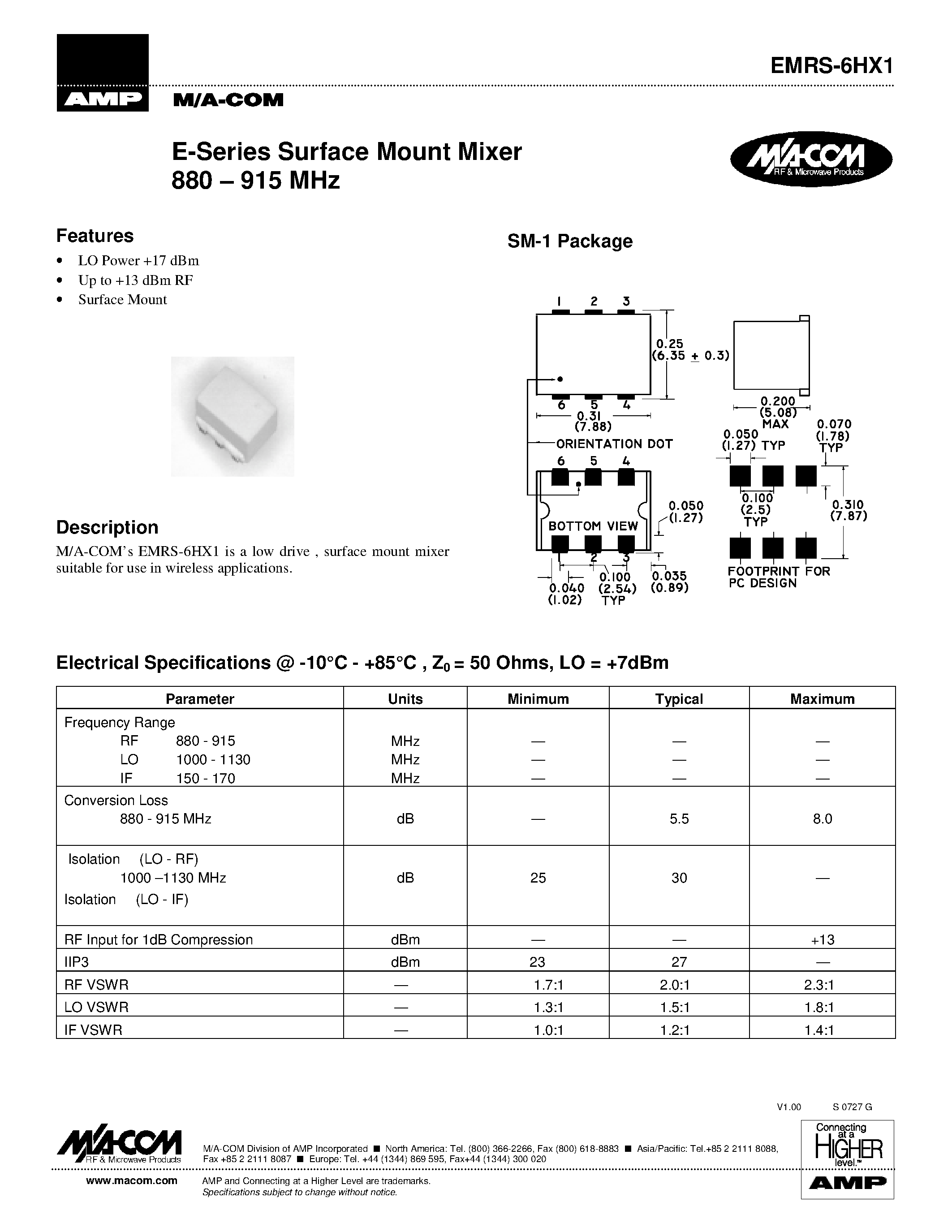 Datasheet EMRS-6HX1 - E-Series Surface Mount Mixer 880 . 915 MHz page 1