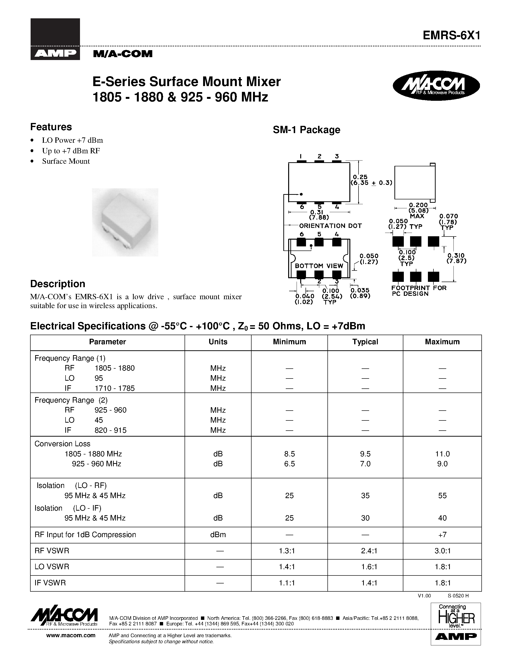 Datasheet EMRS-6X1 - E-Series Surface Mount Mixer 1805 - 1880 & 925 - 960 MHz page 1