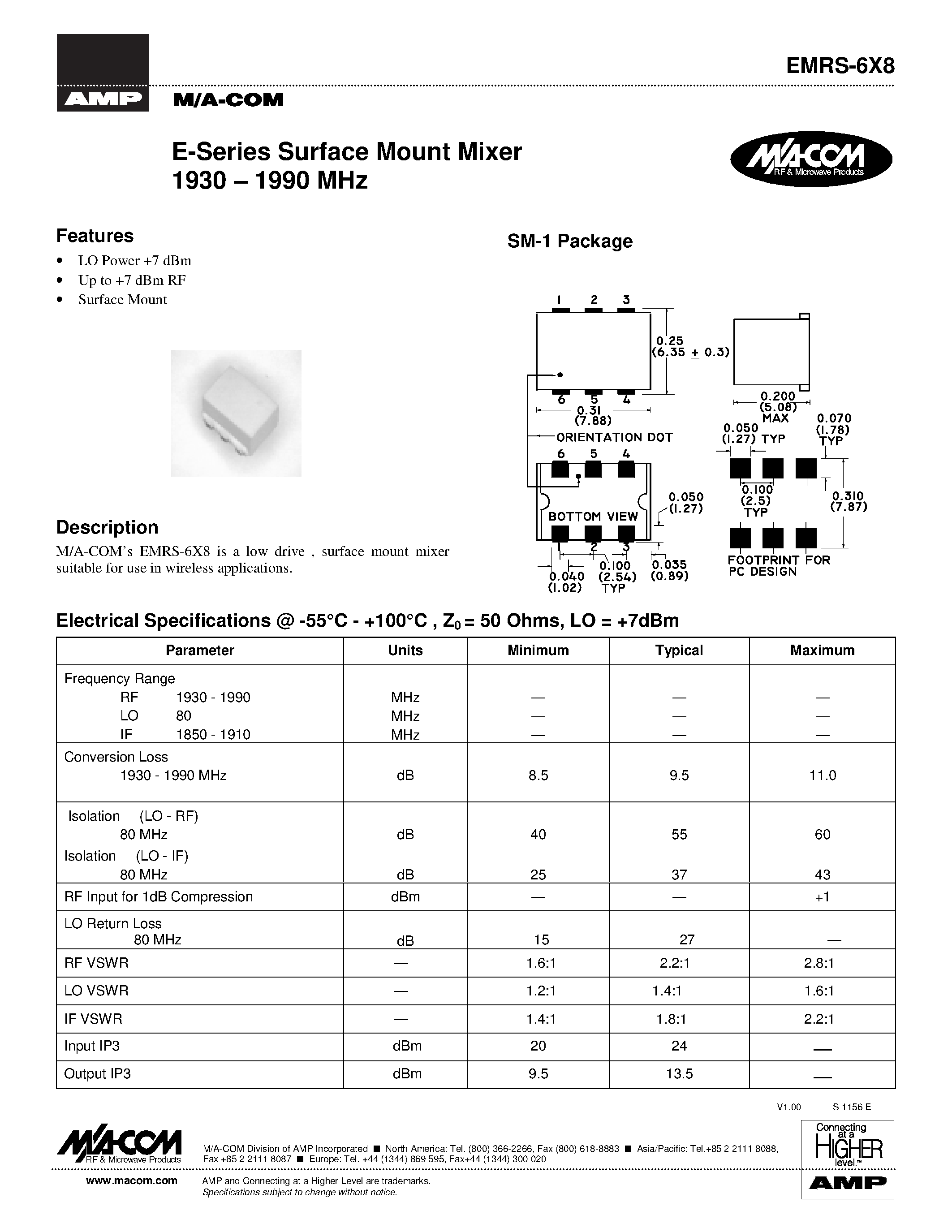 Datasheet EMRS-6X8 - E-Series Surface Mount Mixer 1930 - 1990 MHz page 1