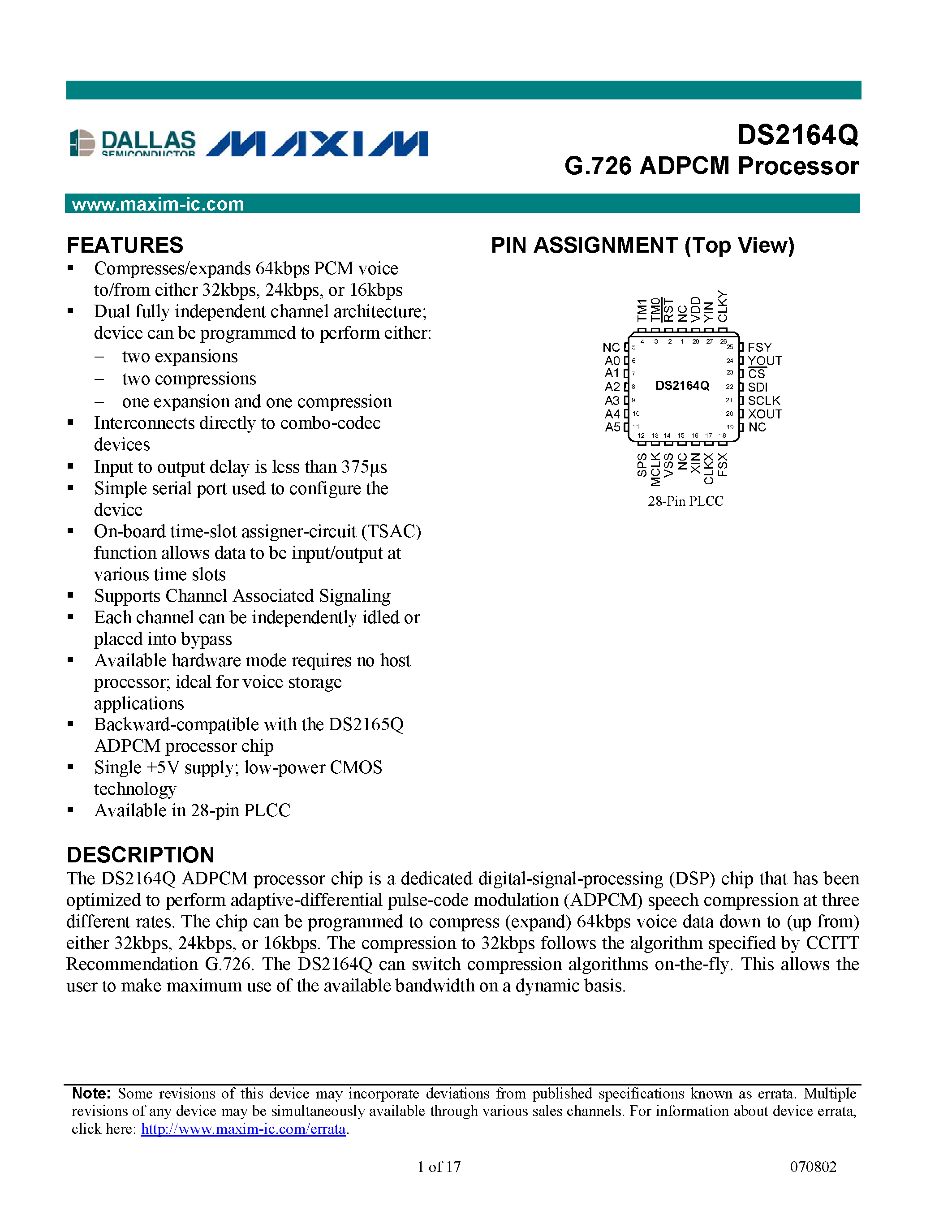 Datasheet DS2164Q - G.726 ADPCM Processor page 1